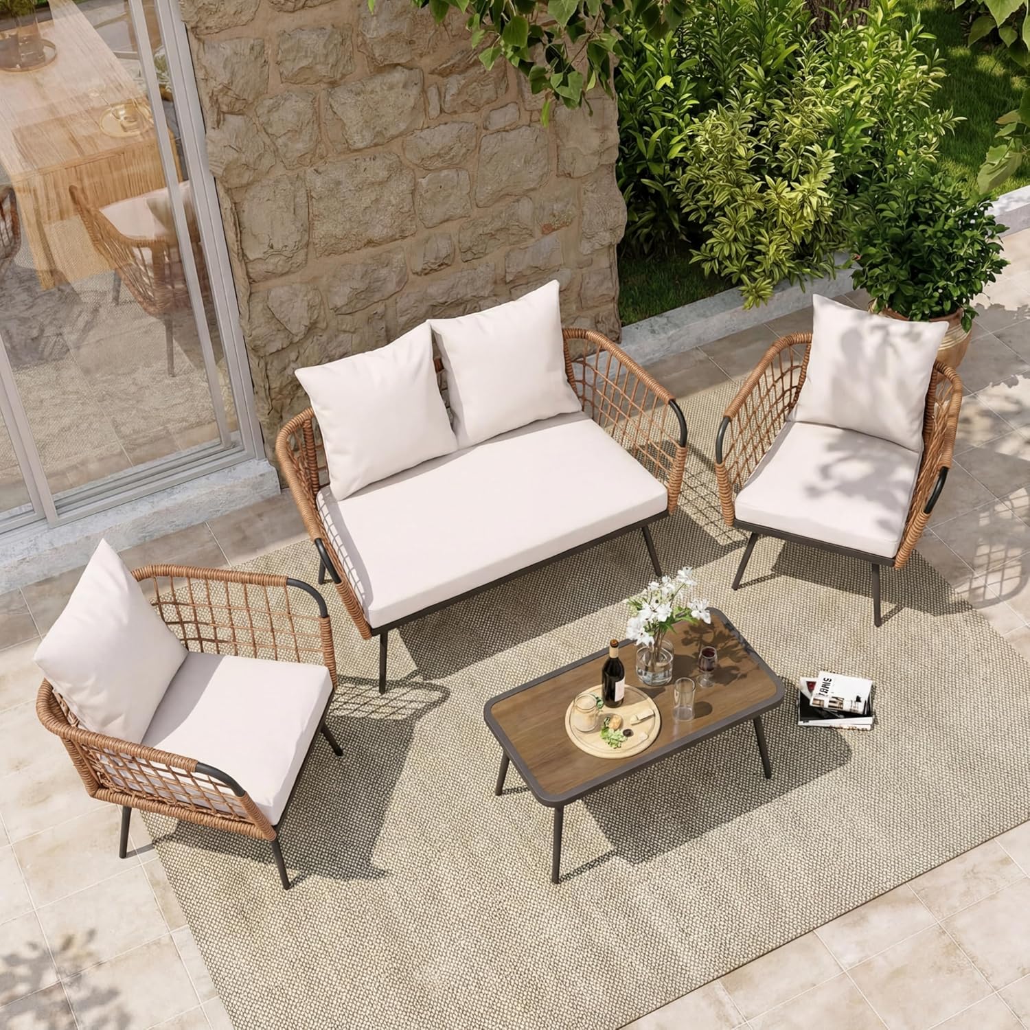 LAUSAINT HOME 4 Pieces Outdoor Patio Furniture Set, Rattan Balcony Furniture with Coffee Table, Patio Conversation Set with Soft Cushions for Patio, Porch, Balcony and Backyard