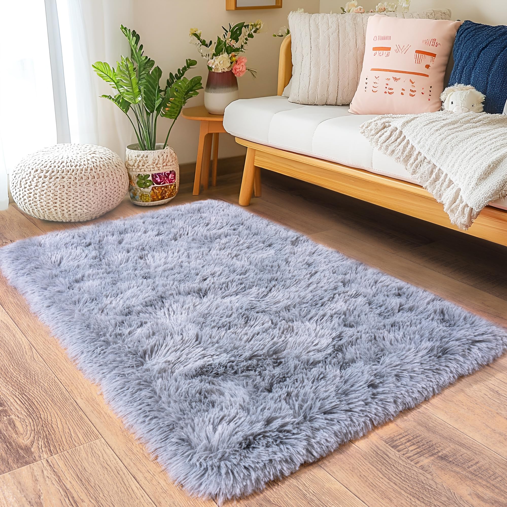 Quntue Small Area Rug, 2x3 Grey Shaggy Throw for Bedroom & Kids Room, Soft Tie Dyed Plush Non-Slip Fluffy Bedside Rug — image 1