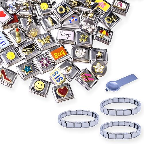 Fablinks Italian Charm Bracelet Charms - 60 Piece Italian Link Starter Pack, 9mm Stainless Steel Jewelry Links with 3 Bracelets and 1 Tool