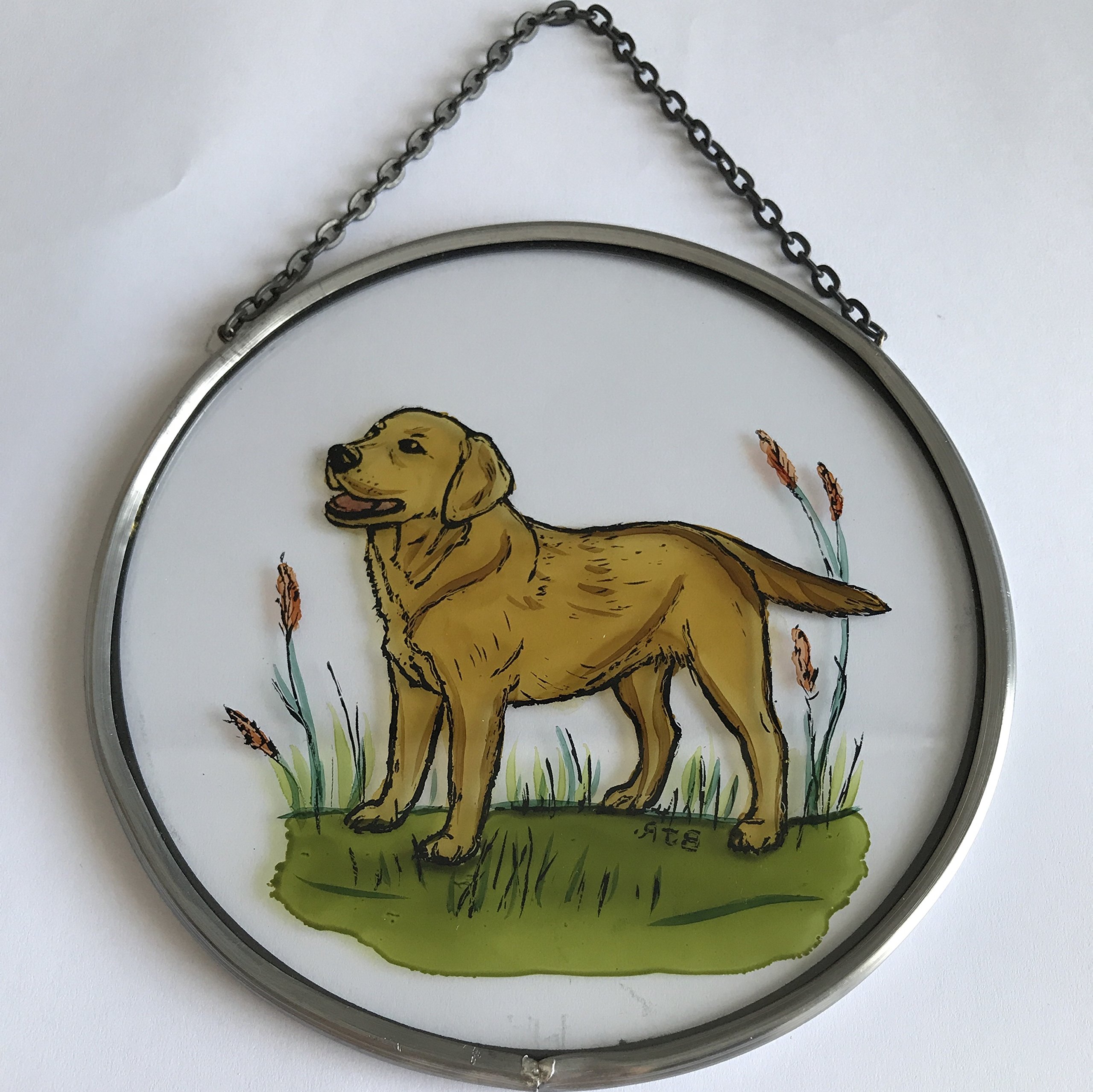 Winged Heart Golden Decorative Hand Painted Stained Glass Window Sun Catcher/Roundel In A Labrador Dog Design