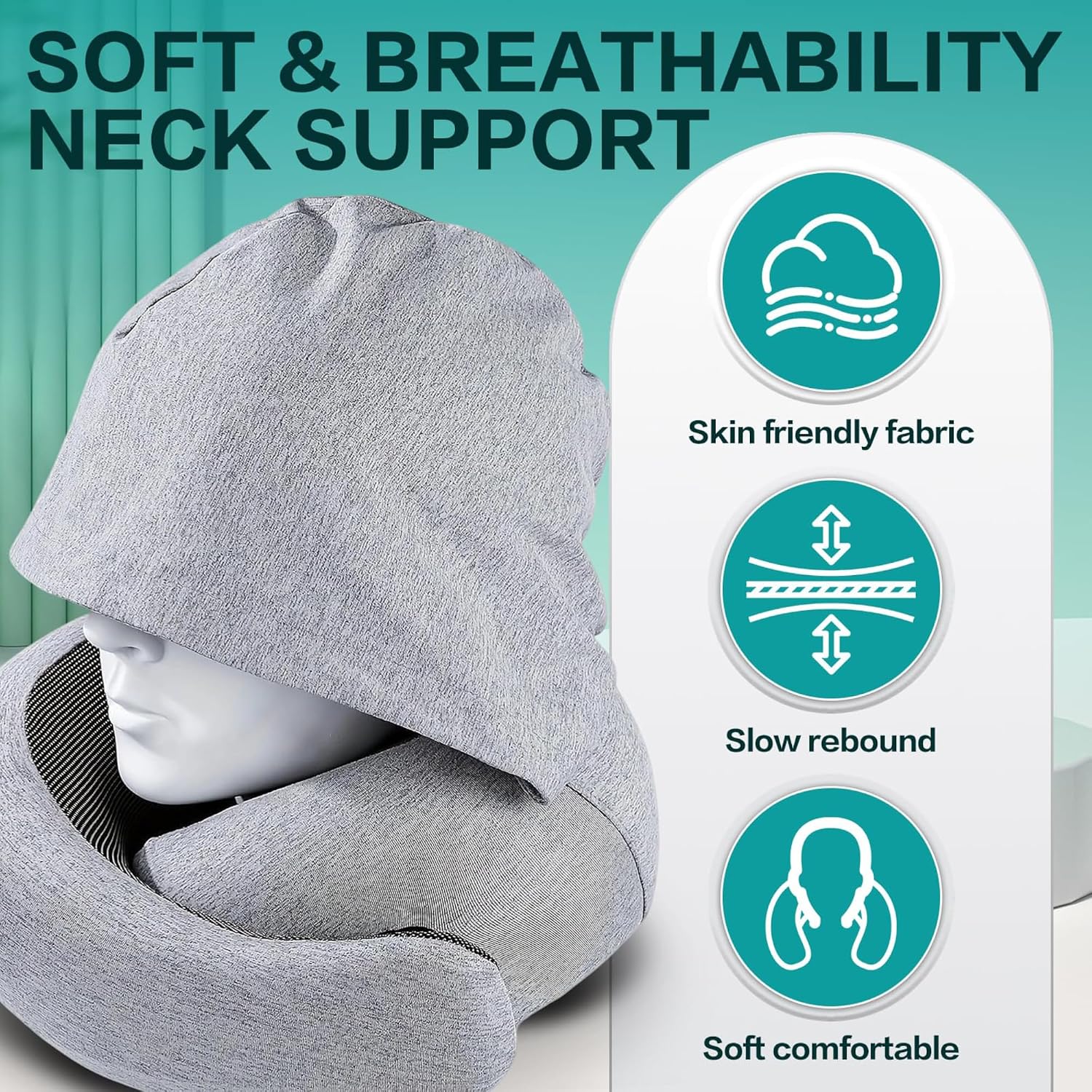 Travel Pillow with Hood - Memory Foam Neck Pillow for Airplane | Soft Travel Neck Pillow, 360°Head Support for Long Flight, Car, Office, Set with Eye Mask, Earplugs, Storage Case, Light Gray