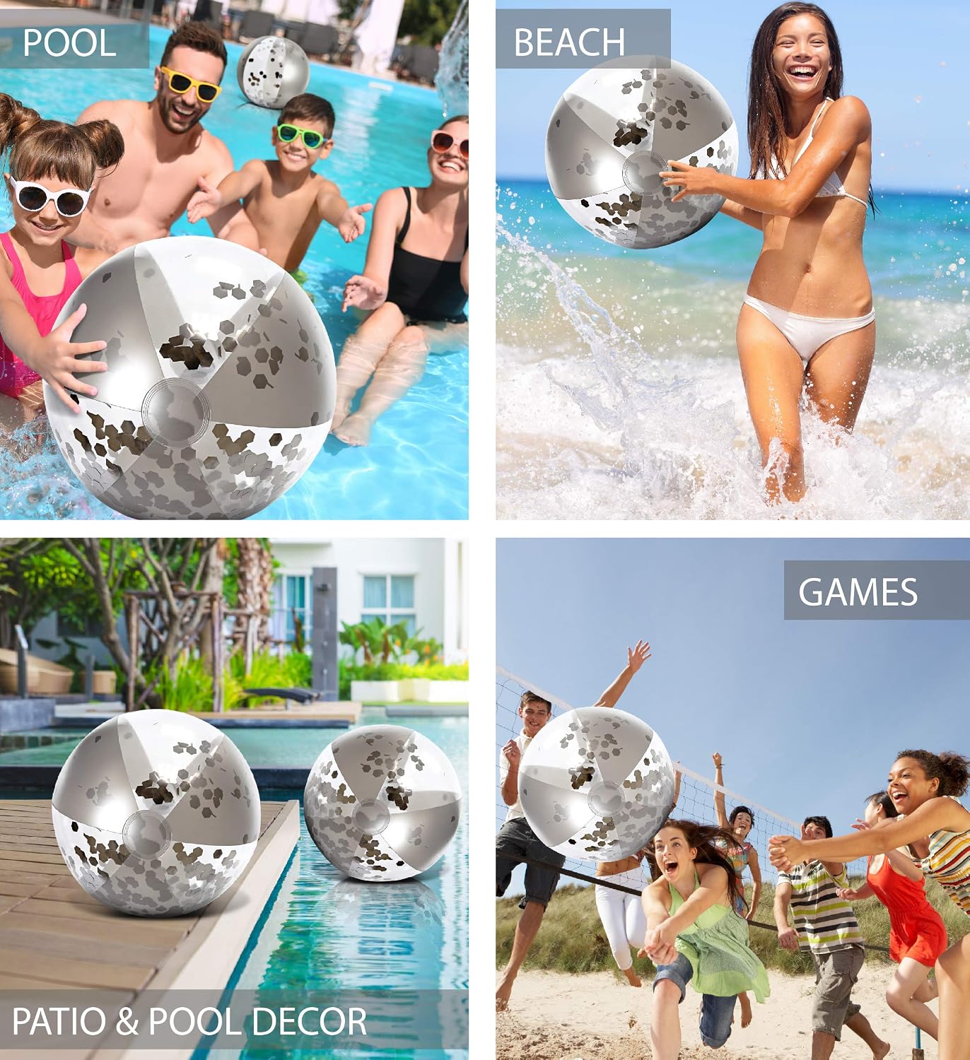 POZA Inflatable Beach Balls - Elegant Glitter Confetti Premium Floaters, Heavy Duty Vinyl Floatation Pool Toys for Pool Beach Party, UV Resistant Pool Décor image 3