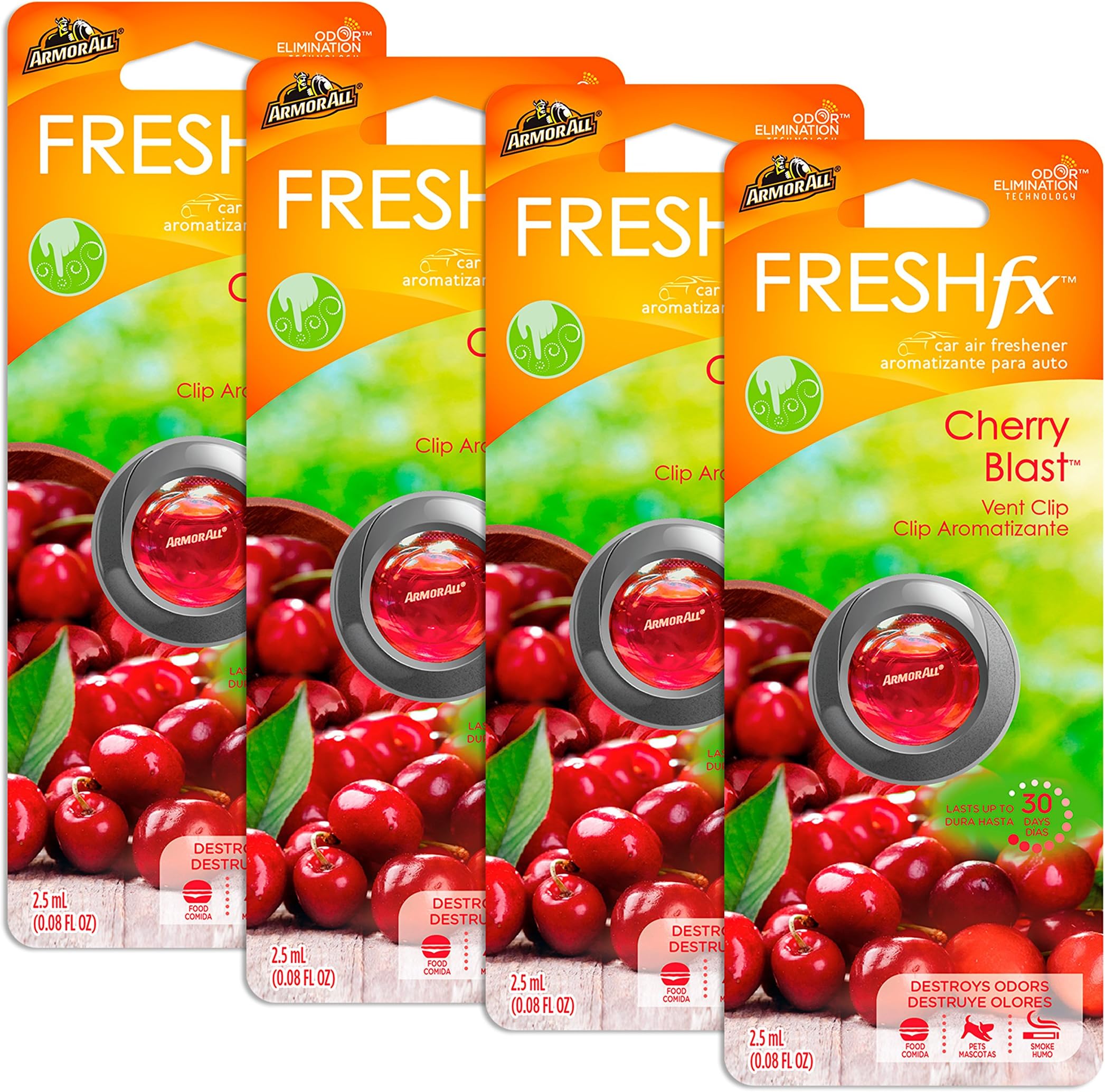 Armor All Car Air Freshener and Purifier - Odor Eliminator for Cars & Truck, Freshfx Cherry Blast, 0.08 Fl Oz Vent Clip, Pack of 4, 18552-4PK