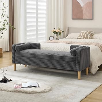 extrasleep 65" Wide Storage Ottoman Bench with Backrest & Armrests Charcoal