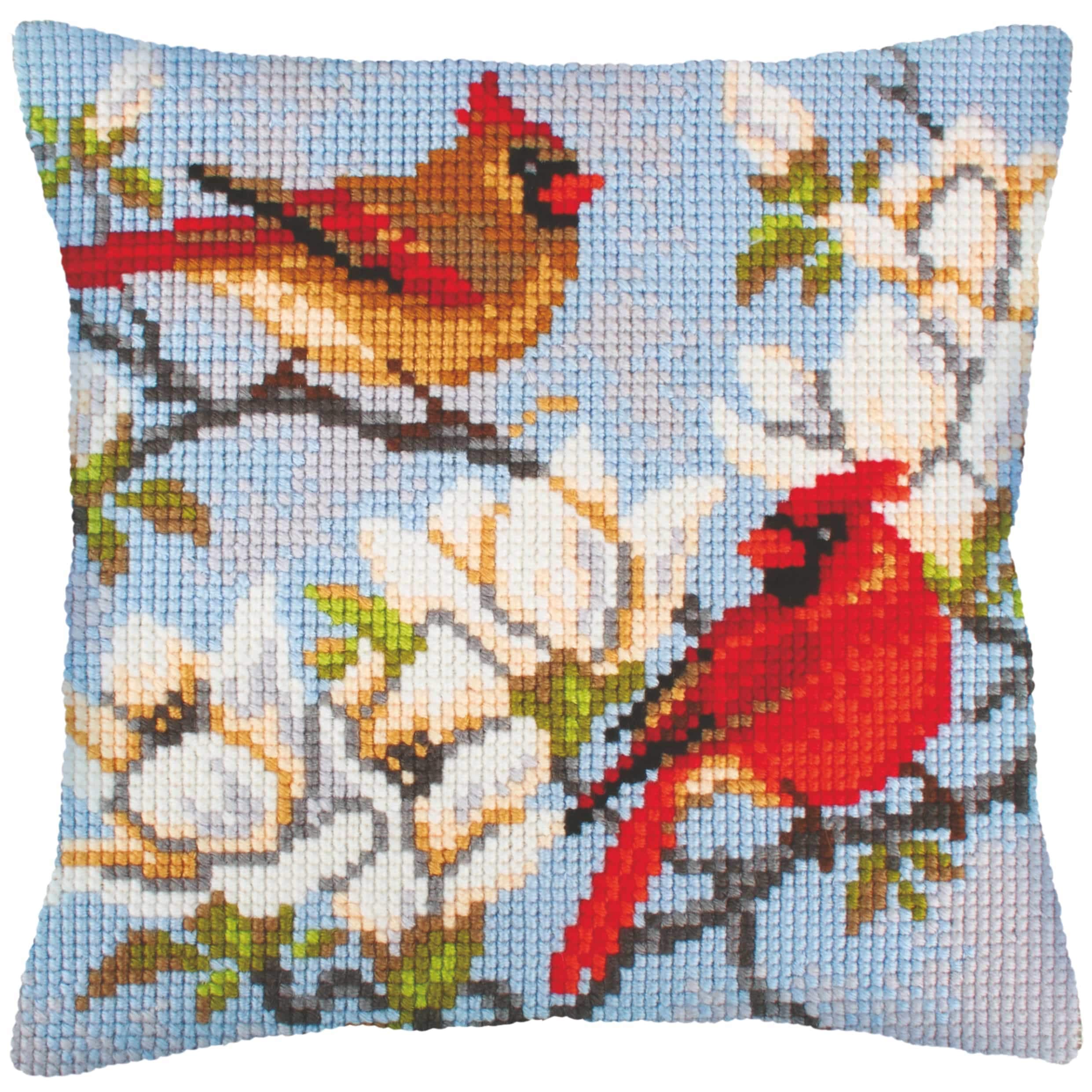 RTO On A Branch Magnolia Needlepoint Cushion Kit - 15.75" X 15.75" Stamped Canvas, Yarn & Needle Included