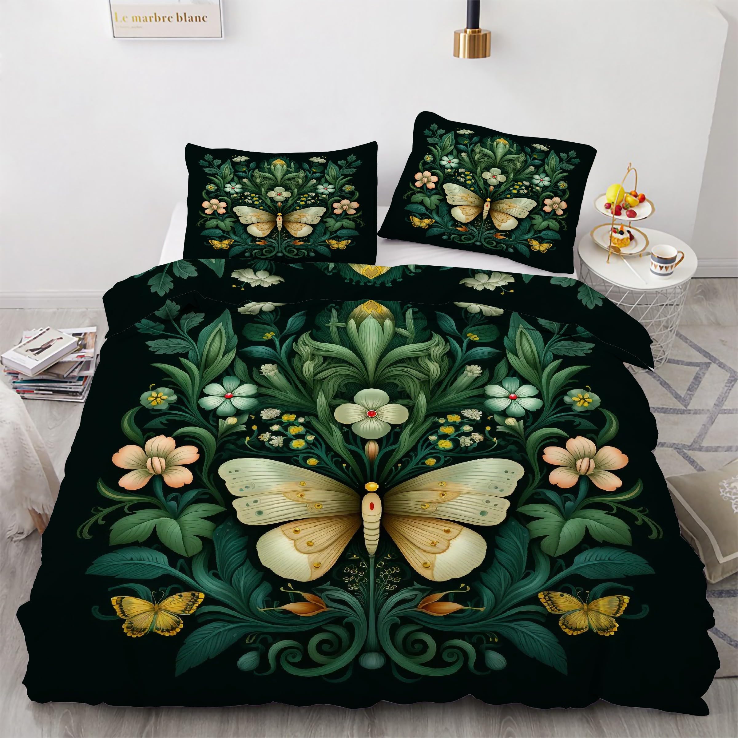 Housse de couette 160x200 papillon en microfibre douce et zippée parure de lit 3 pièces
