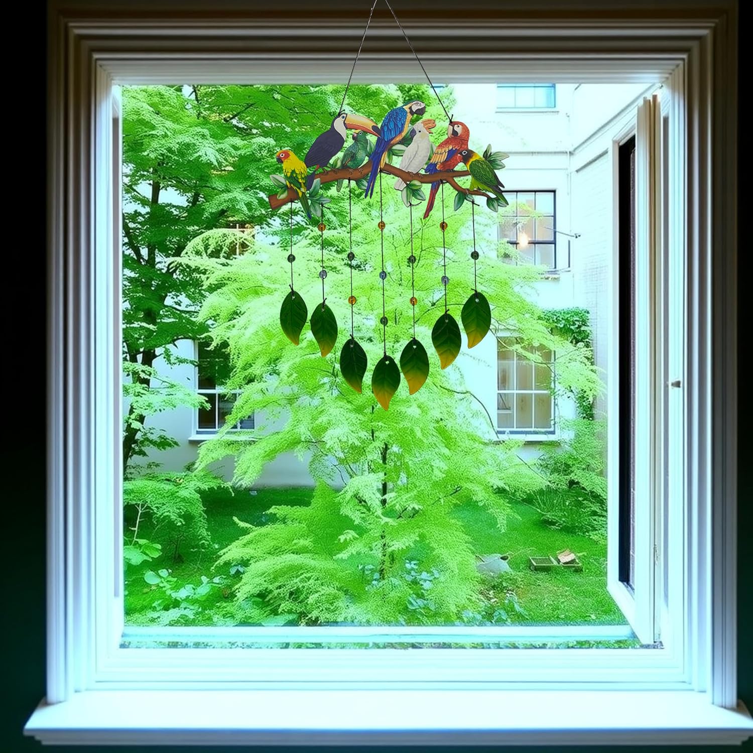 Parrot Wind Chimes Outdoor - Colorful Metal & Glass Leaves Hanging Decor for Garden, Yard, Porch
