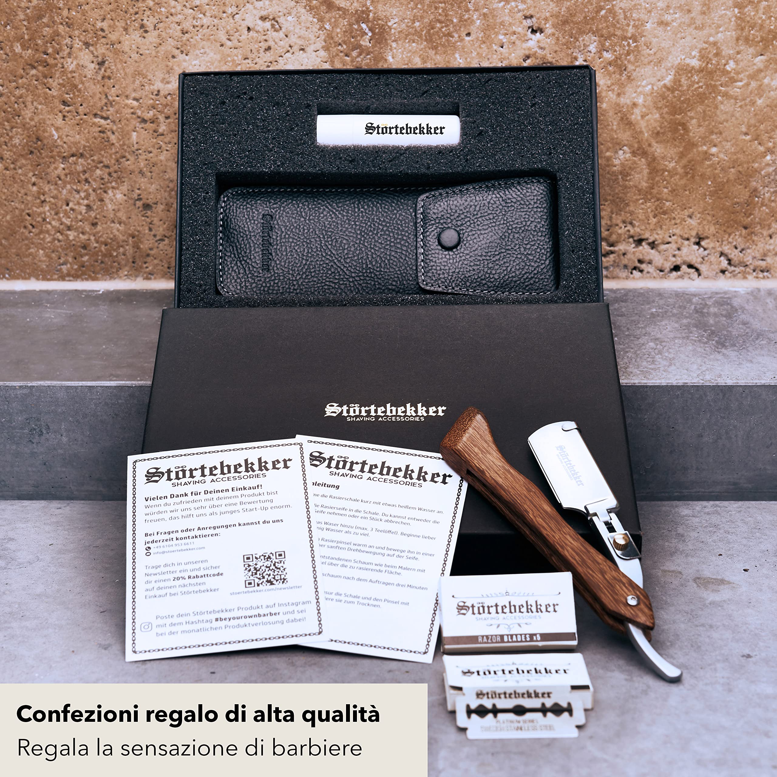 Störtebekker Rasoio con manico in legno, in custodia in pelle fatta a mano, con pennello & 10 lame - Set di coltelli da barba - rasoi a umido di qualità premium - rasoio a mano libera (Legno - Nero)