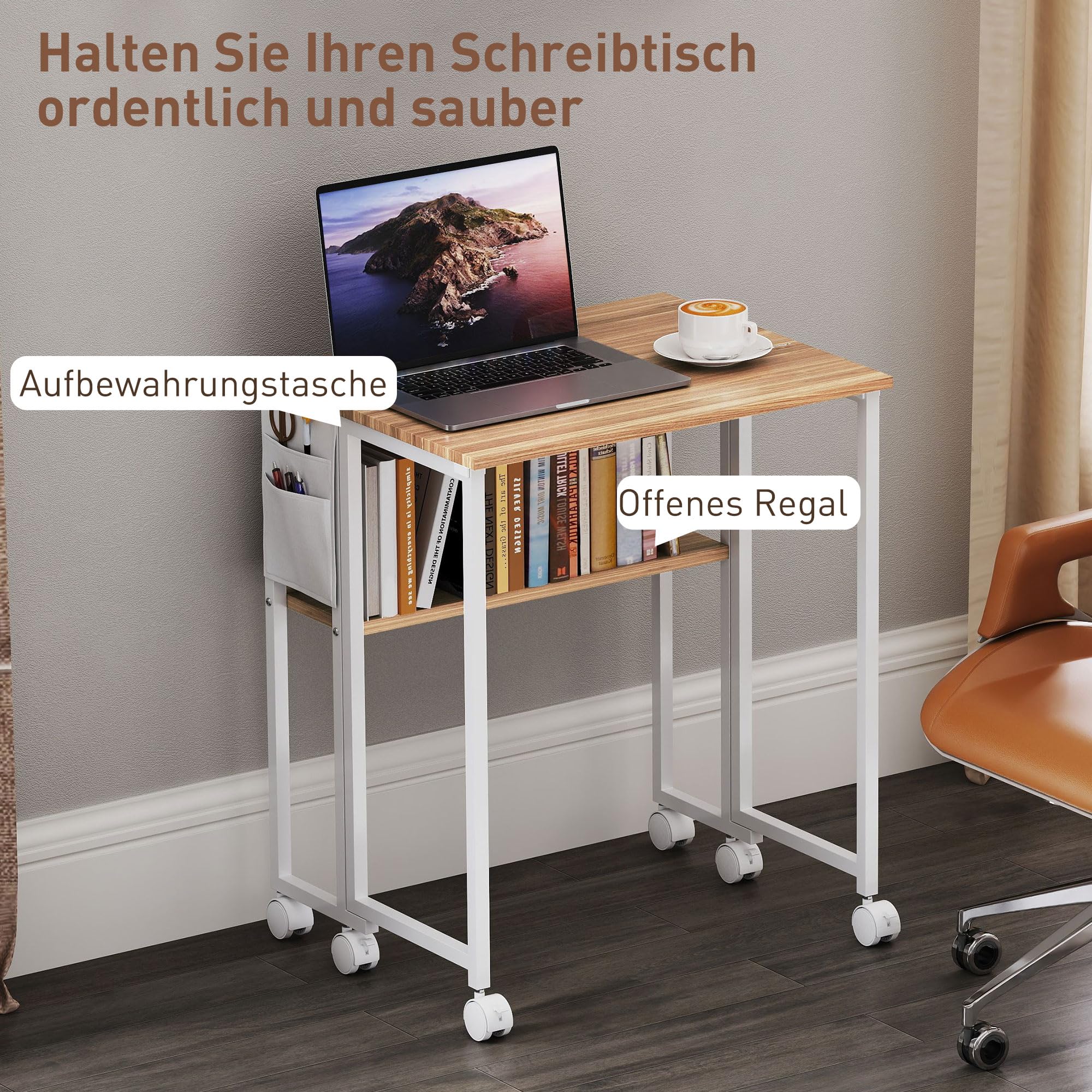HOMCOM 63 cm Klappschreibtisch mit Rollen mit Regal für Home Office Natur | Schreibtisch, Klappbar, Kleiner, Platzsparend, Computertisch, Aufbewahrungstasche