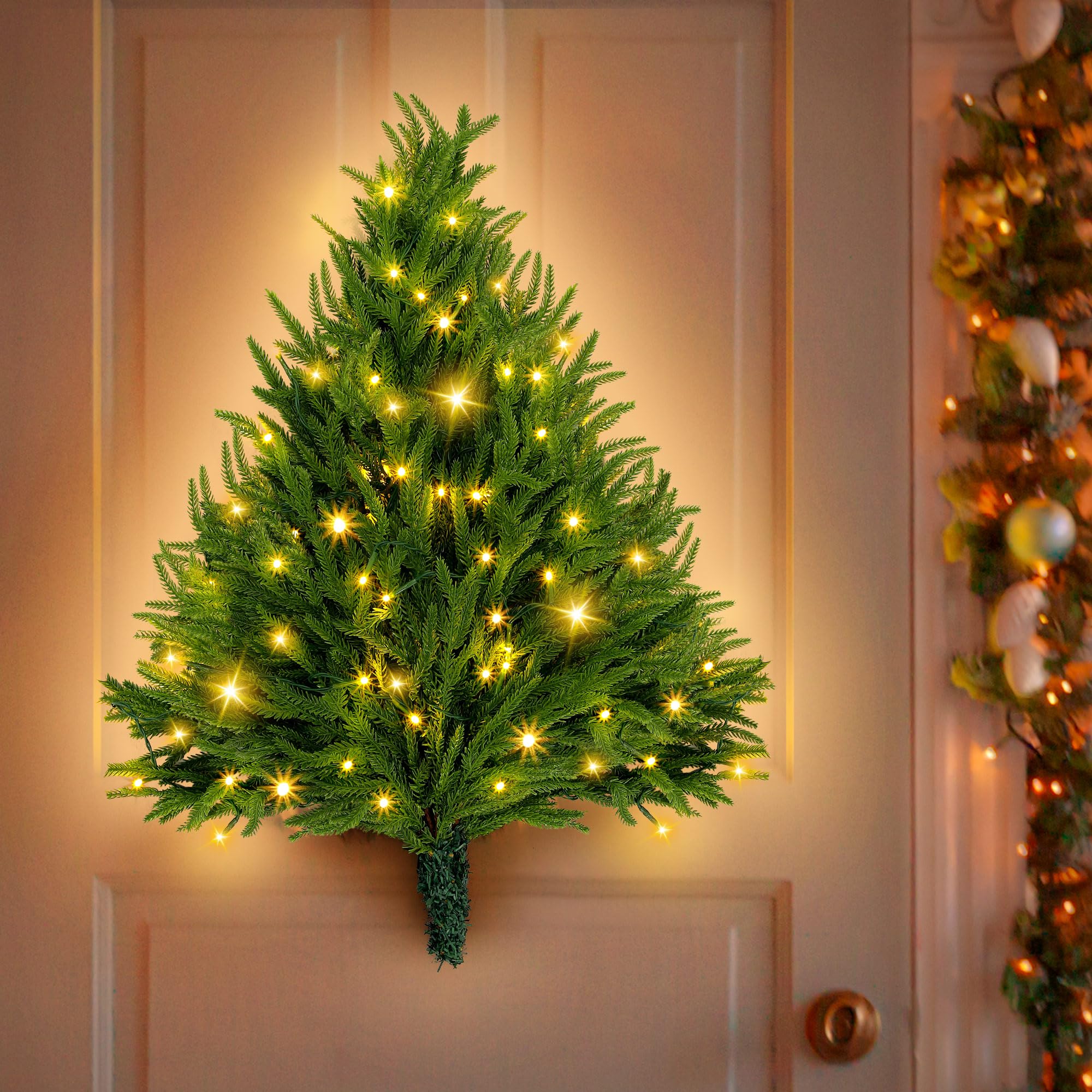 Sapin de Noël Artificiel pré-éclairé à Suspendre au Mur avec lumières LED, Sapin de Noël Plat pré-éclairé pour Appartement, propriétaire de Chat