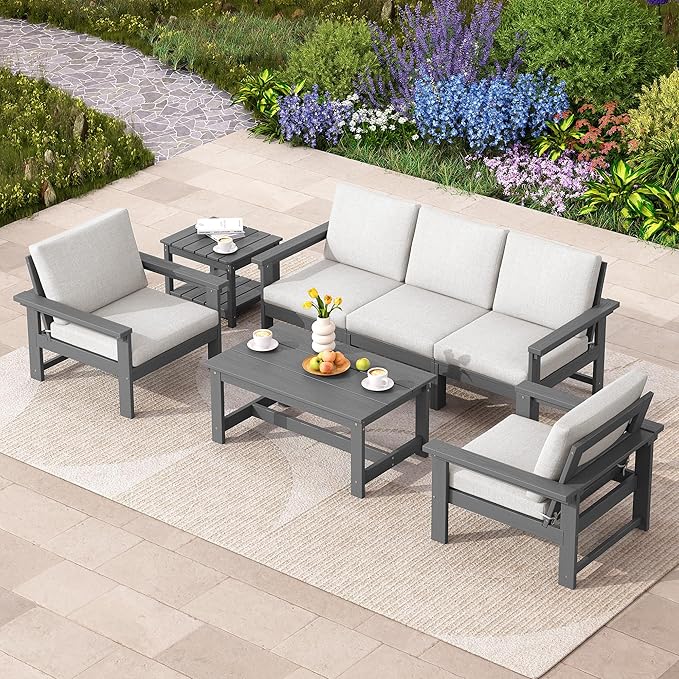 Amazon.com: SERWALL HDPE Outdoor Patio Furniture Set, 7-Piece Outdoor ...