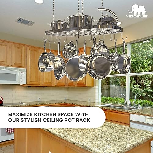 Miniatura 2 de Vdomus Hanging Pot Rack - Ceiling Mount Kitchen Organizer for Pots and Pans with 15 Hooks - 33 x 17 Inches Heavy-Duty, Durable and Space-Saving Pan