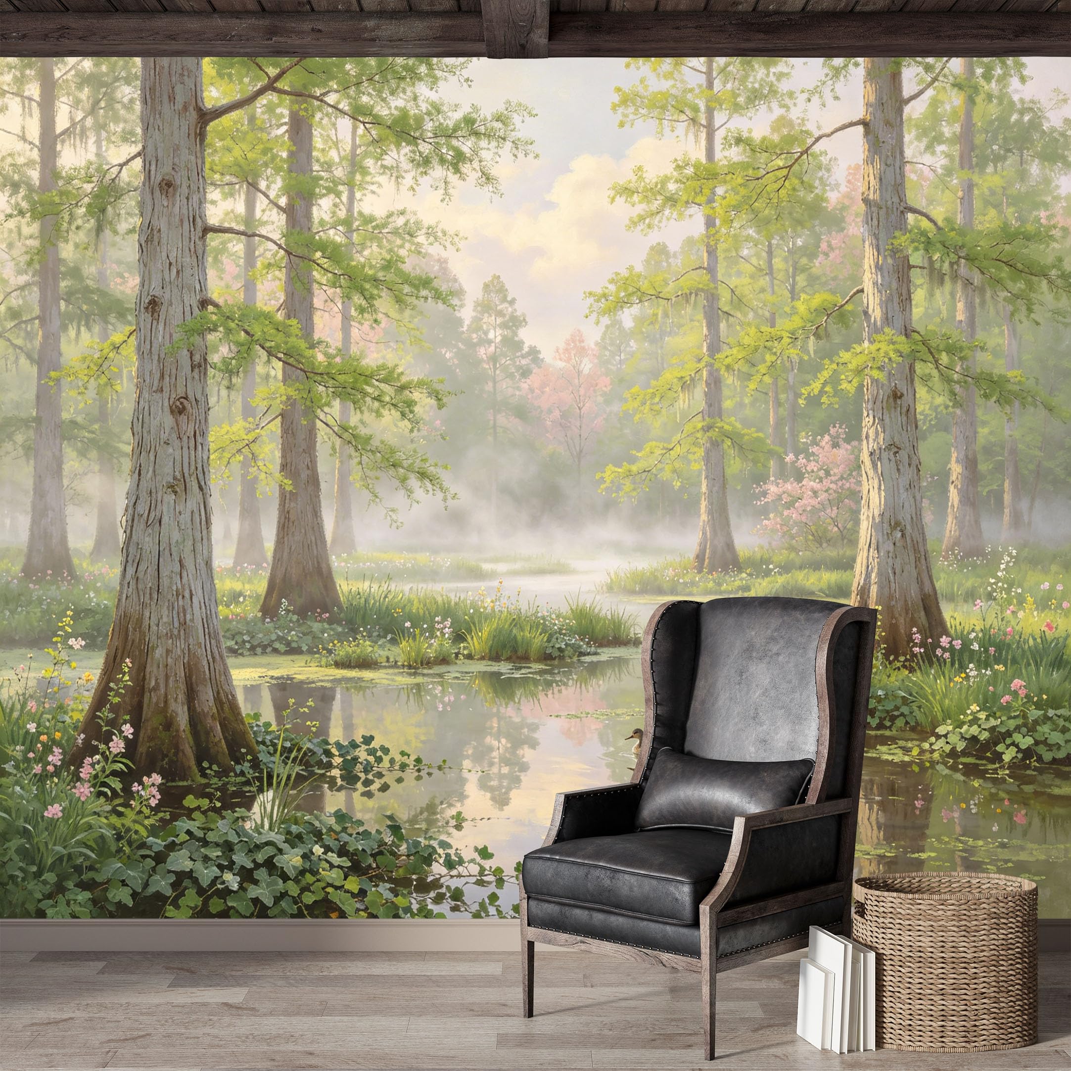 Custom Size Wall Mural,Serene Swamp Landscape Ducks Reflection Oil Painting Premium Water Activated SelfAdhesive Wallpaper,Removable Wall Covering for Indoor Home Decor