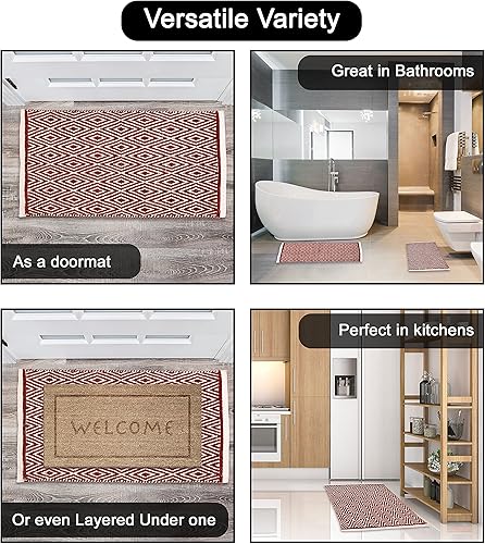 Miniatura 4 de Chardin Home, tapete 100% algodón, reversible por completo, de 21 x 34 pulgadas, se puede lavar a máquina, blanco y rojo