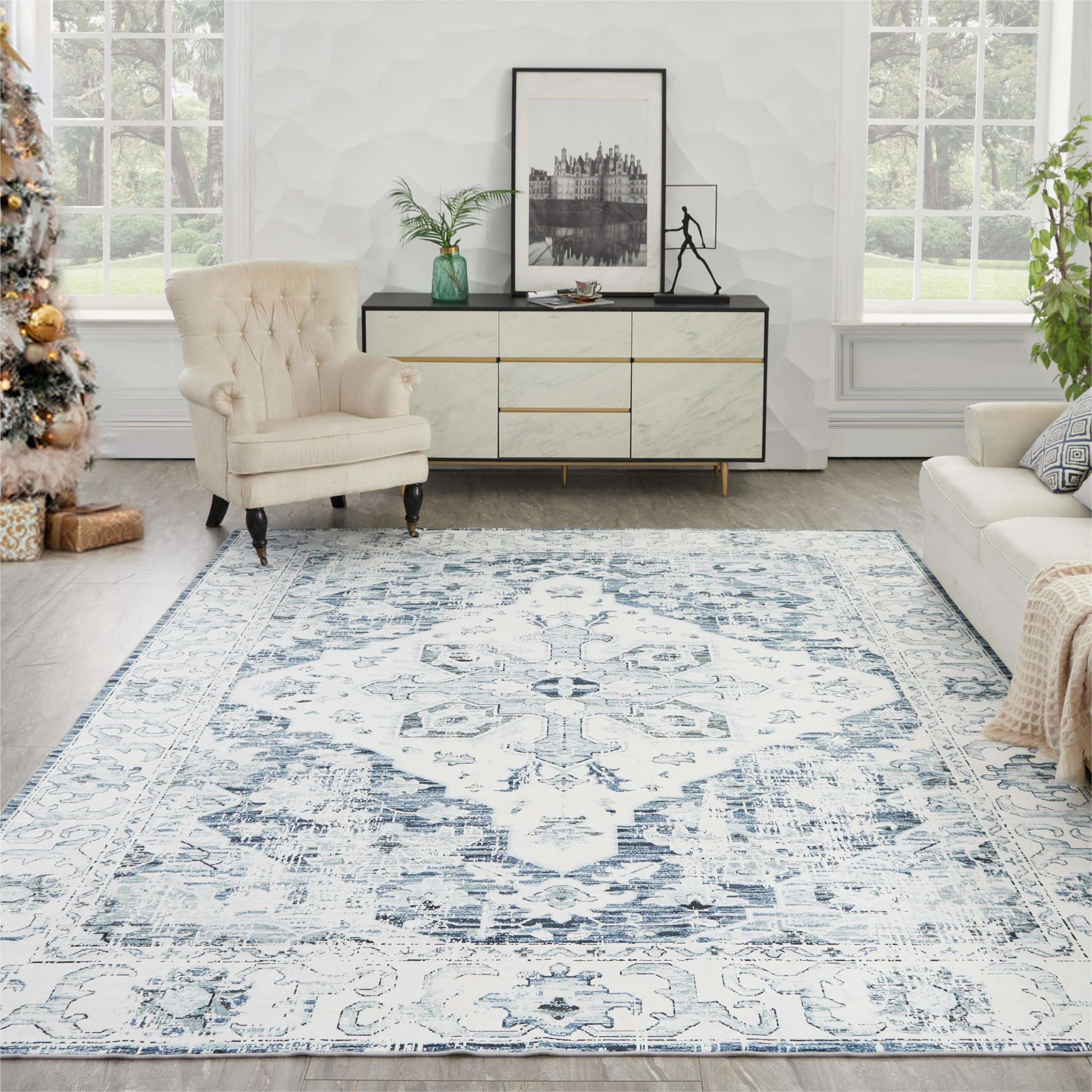 Washable Area Rug, 5'x 7' Living Room Rug with Non Slip Backing, Distressed Non-Shedding Vintage Rug, Floor Mat Indoor Blue Rug for Bedroom Kitchen Living Room Office, Blue-FG03