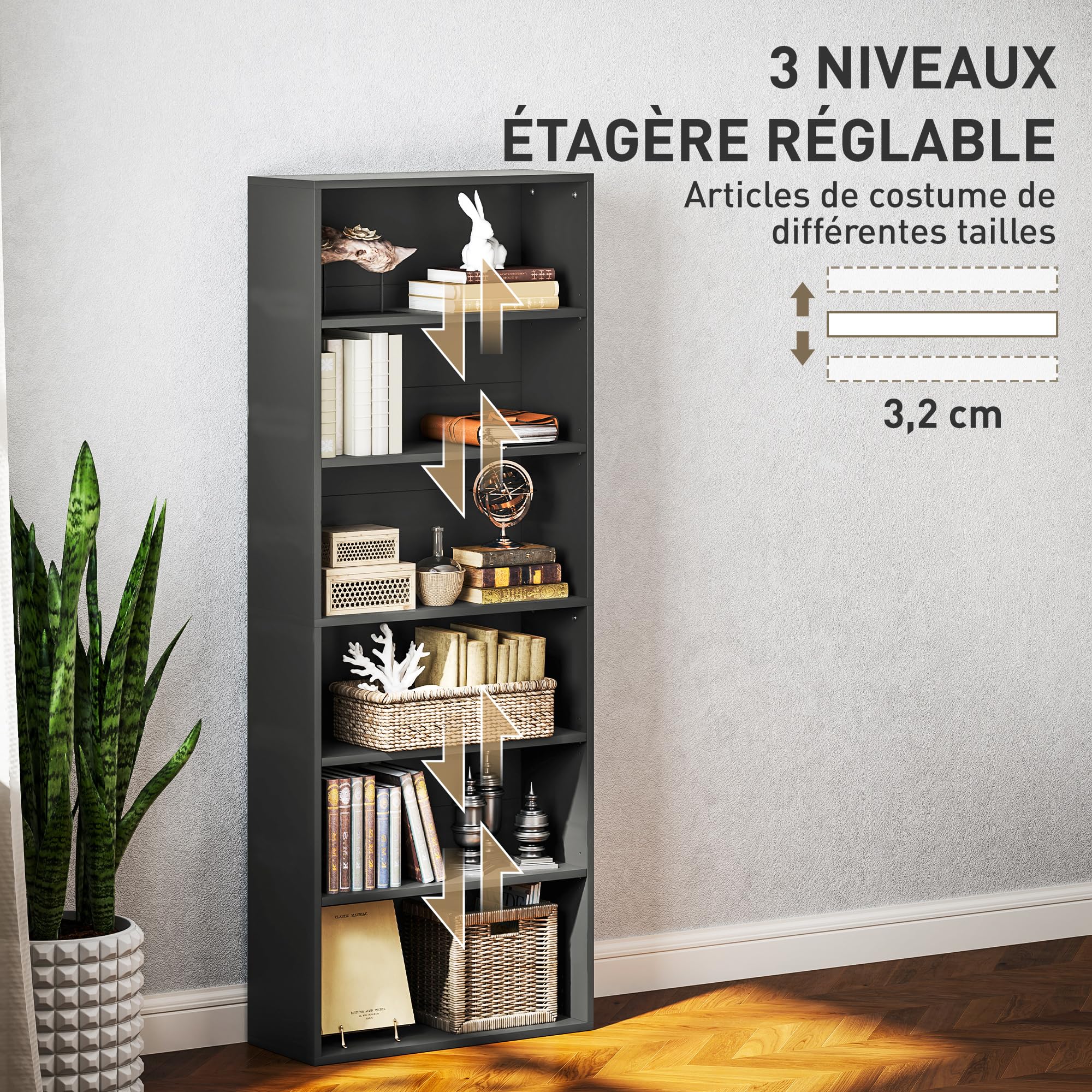 HOMCOM Bibliothèque Étagère de Rangement 60x24x158,5cm Noir | Avec 6 Compartiments, Étagère Réglable, Meuble de Rangement, pour Bureau, Salon, Chambre