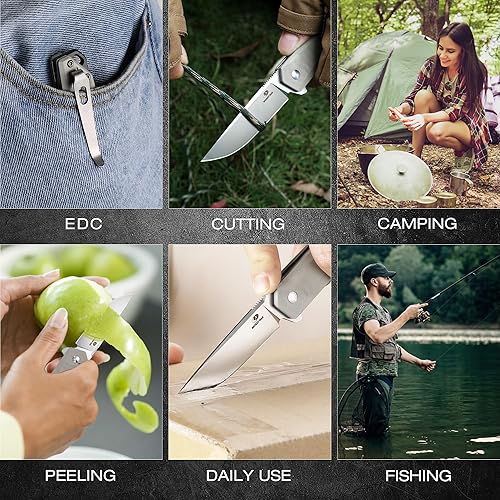 Miniatura 6 de Mossy Oak Cuchillo de bolsillo plegable, hoja de acero D2 de 3.5 pulgadas, mango G10, pequeño cuchillo EDC con clip para cinturón para campamento,