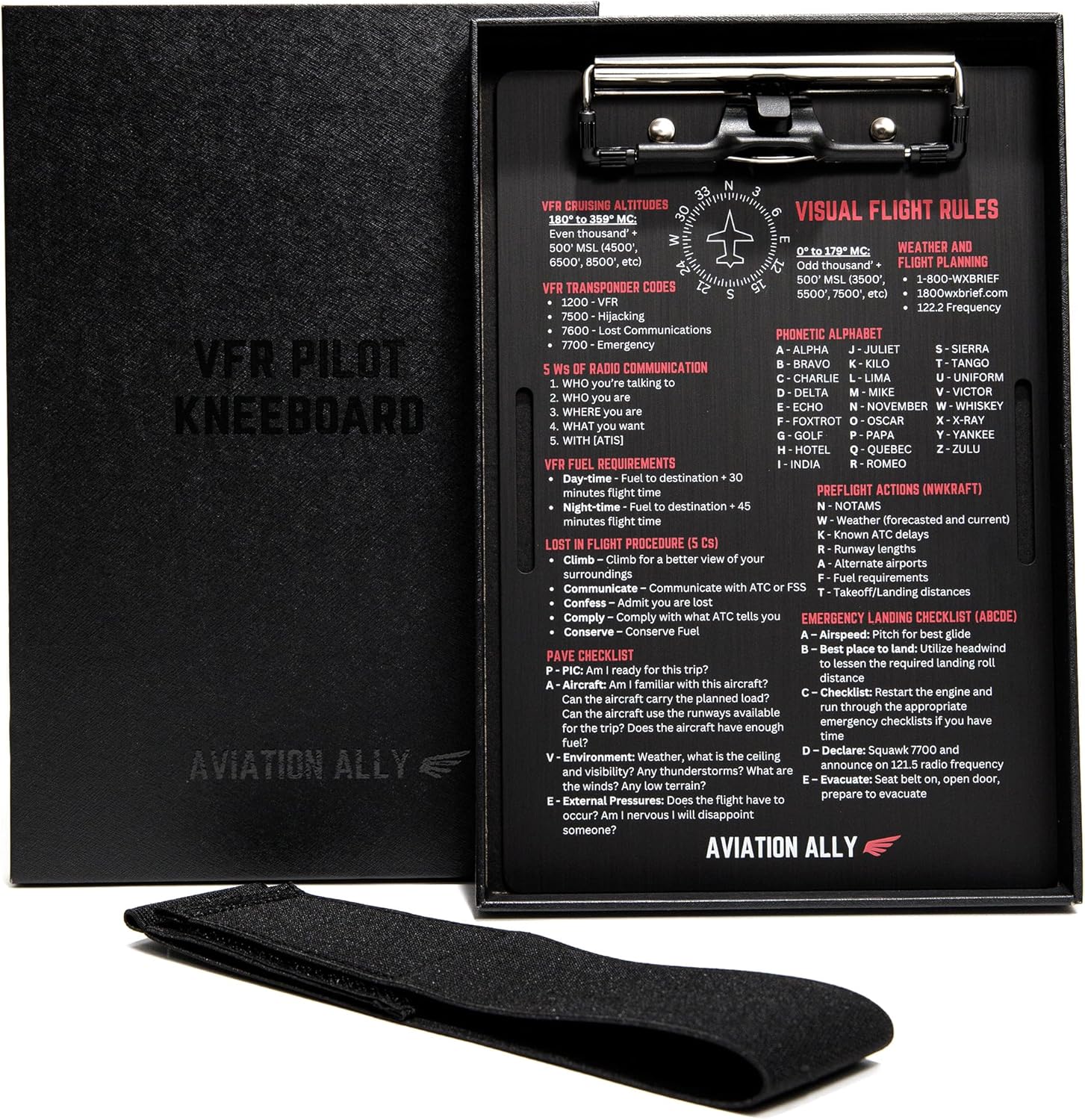 Pilot Kneeboard with Elastic Strap and Pen Holder | Aluminum Aviation Writing Board - 9.6 x 6.5 Inch Clipboard with Clip and Pen Holder | Pilot Accessory