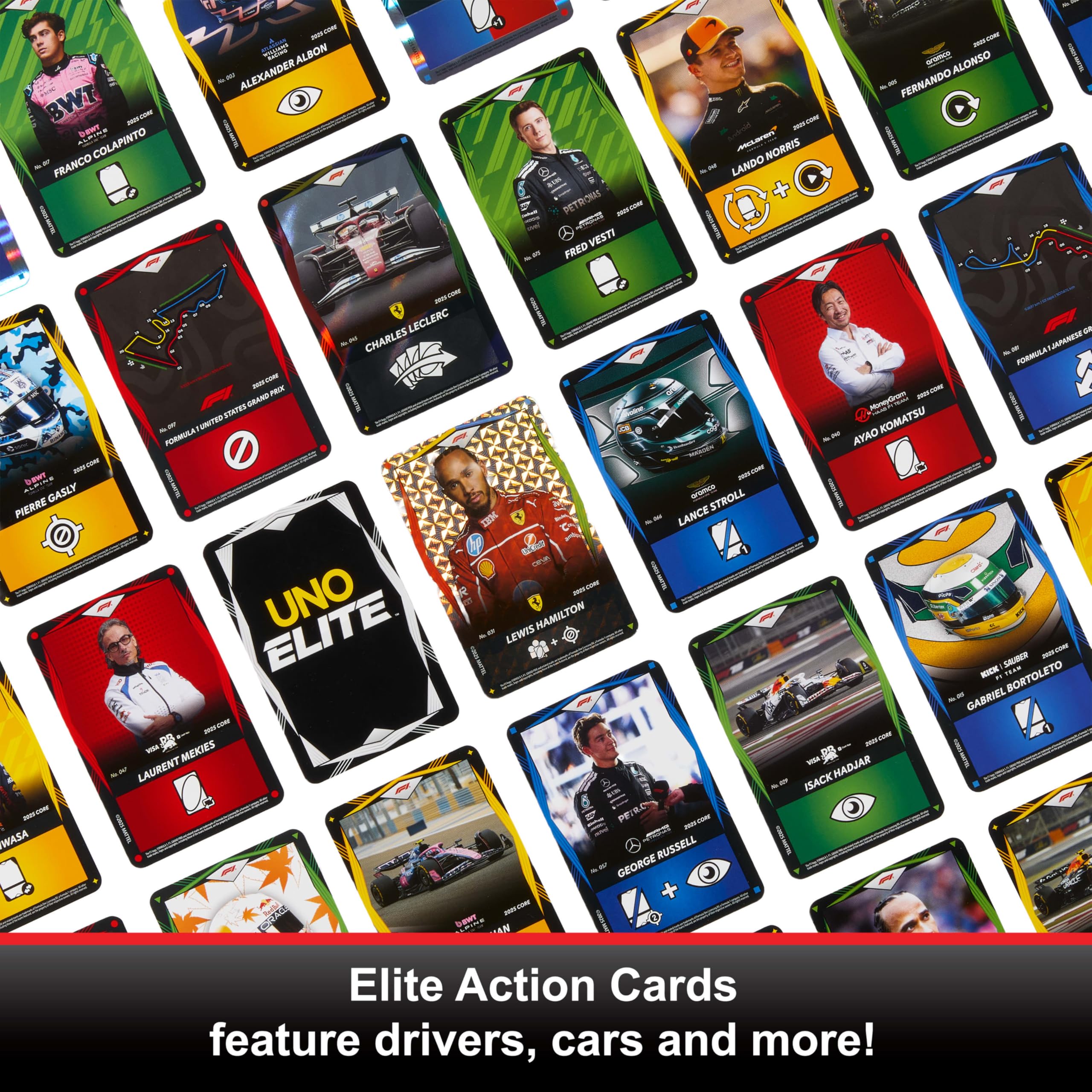 Mattel UNO Elite Formuła 1 2025 Edycja podstawowa Starter Pack Zestaw startowy; gra karciana, 4 Booster Packi i 2 karty Promo, towarzyska i rodzinna gra dla fanów i dzieci 7+, JLV42
