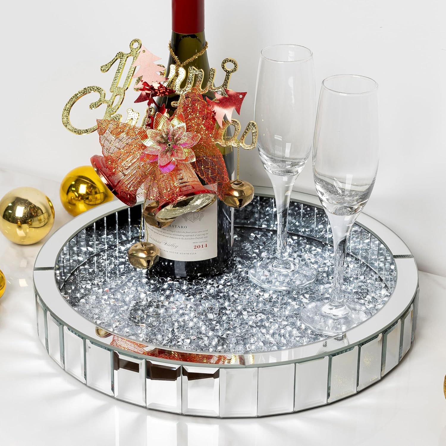 Silver Decorative Tray, Mirored Trays with Crushed Diamond Crystal Vanity Tray Round Super Gorgeous Trays Jewelry Organizer for Dresser, Coffee Table, Bedroom Ottoman 14”x14”x 2”