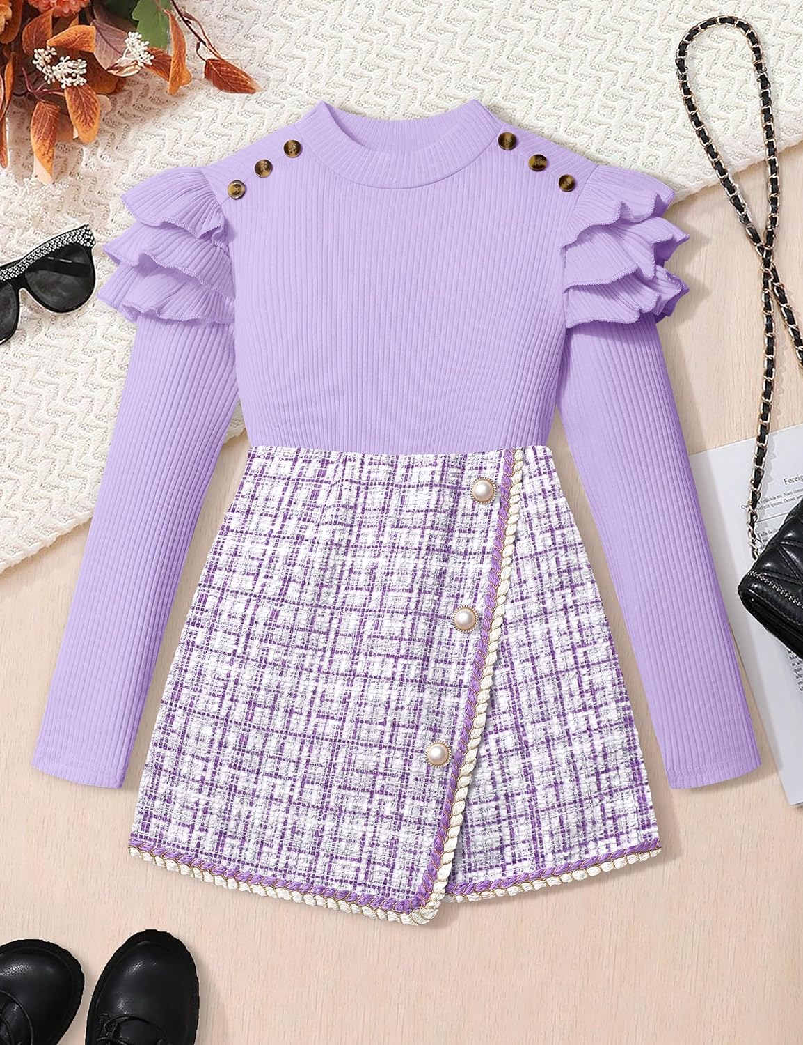 Girls Clothes Skirt Set Fall Winter Long Sleeve Ruffle Top And Plaid Skirt Girls Clothing Set 2 Piece Outfit - Image 4
