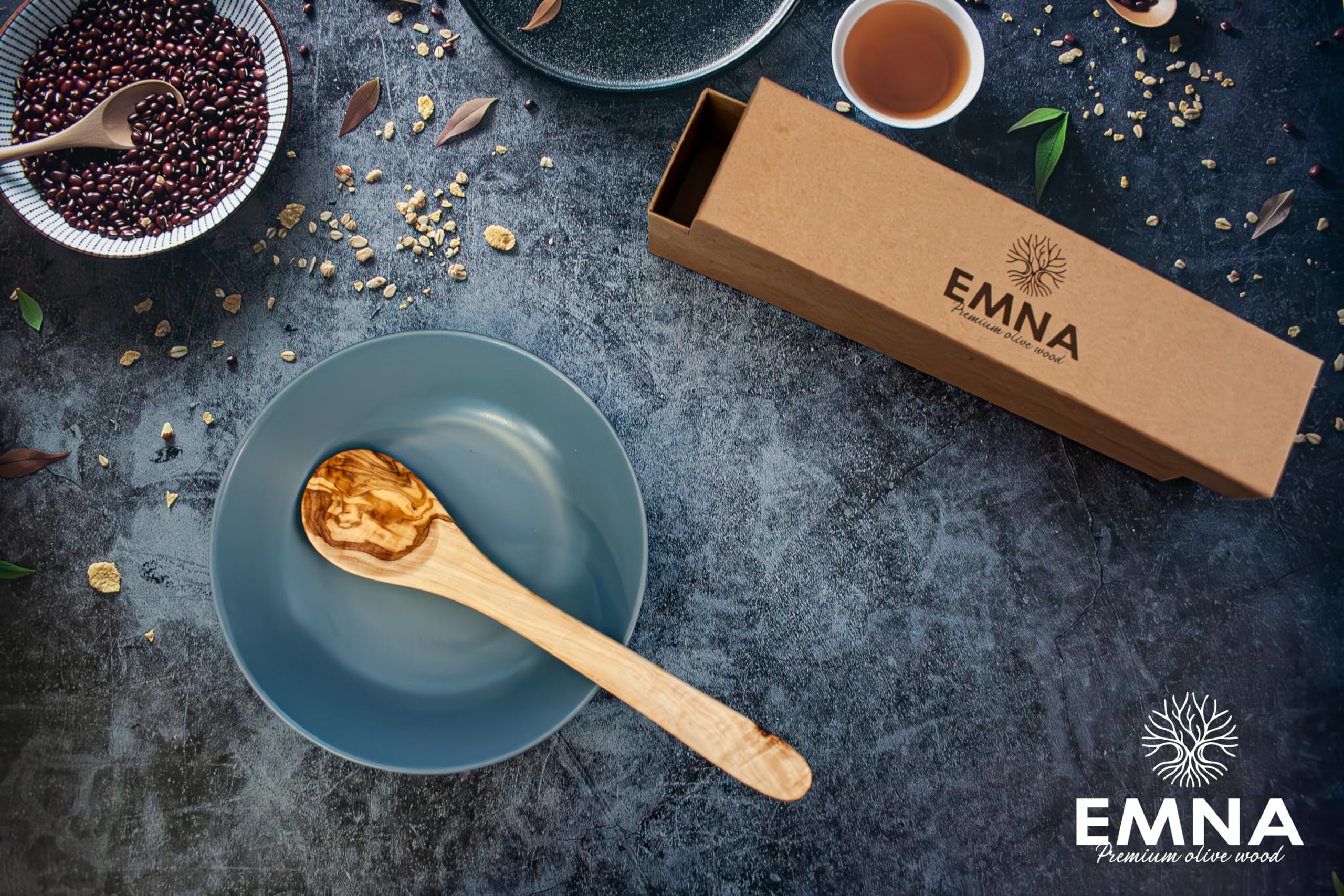 EMNA - 5-teiliges Olivenholz Küchenset | Das perfekte Geschenk für anspruchsvolle Feinschmecker | Geschenkset | Hauch von Eleganz für den kulinarischen Genießer | Handgefertigt | besondere Kochmomente