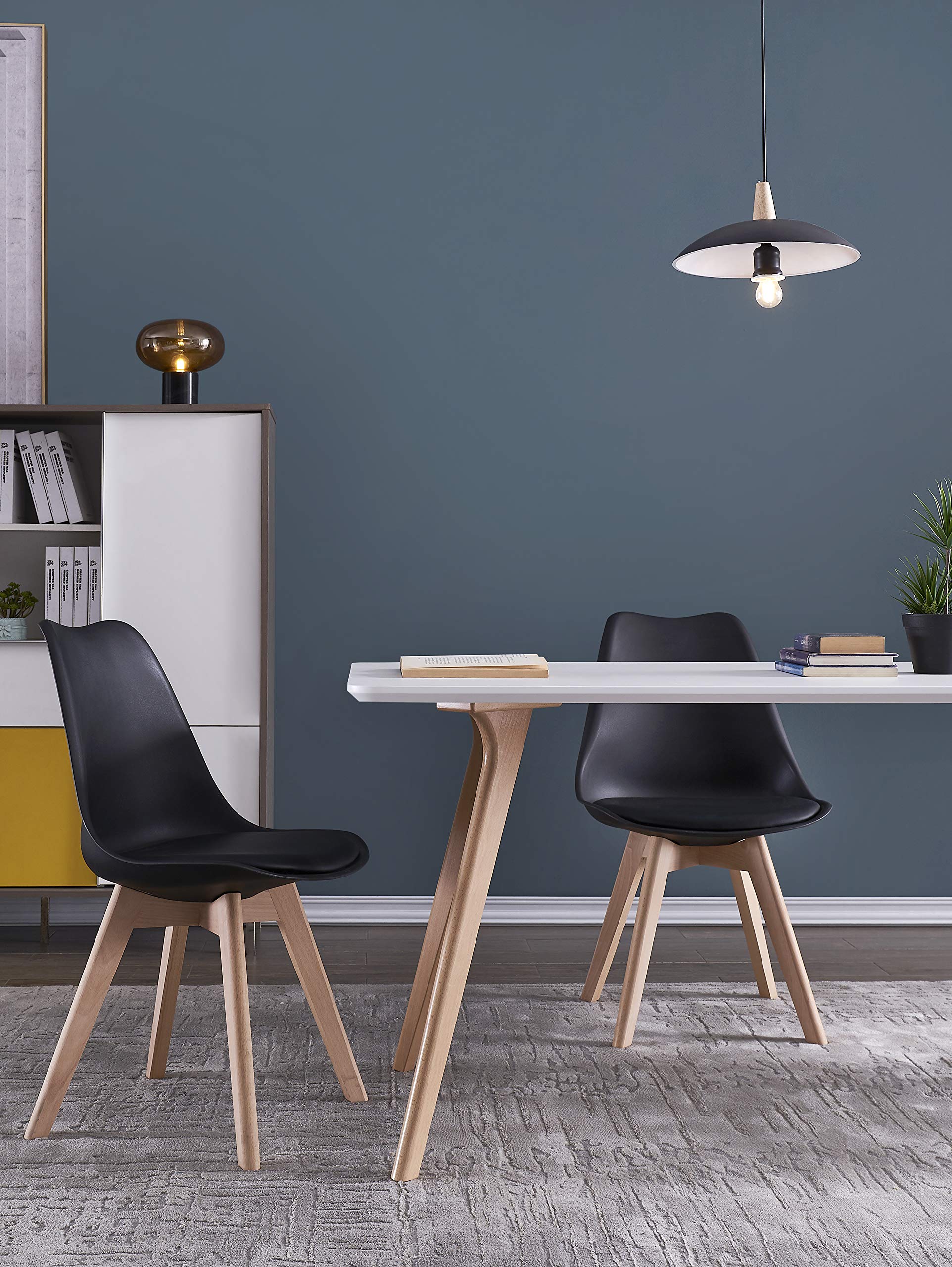 DEWINNER Pack de 6 Sillas de Comedor, Sillas de Cocina, Asiento Acolchado Tapizado y Patas de Madera Maciza de Haya, Silla Negro - 3