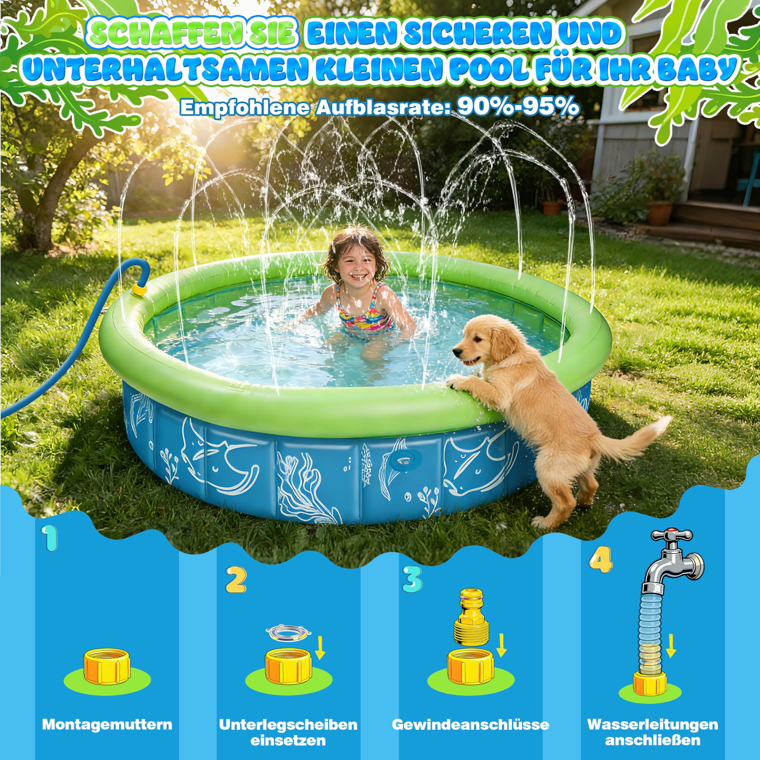 4-in-1 Pop Up Baby Planschbecken, Strandmuschel Baby mit Wasserstrahlen, Babypool Bällepool mit UV Schutz SPF 50+, Tragbare Spielzelt Bällebad Sonnenschutz für Garten Strand Picknick(100*30)