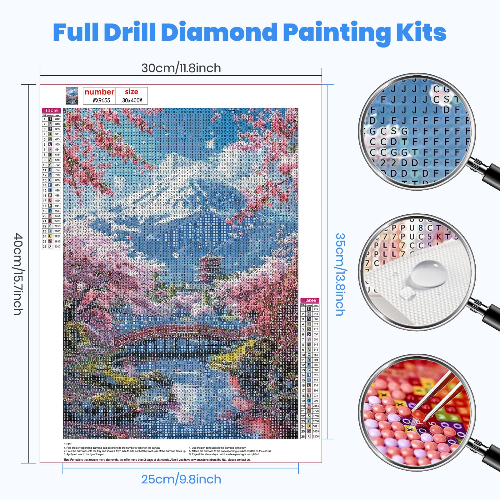 Grandi Diamond Painting Kit per Adulti, Rosa fiore blu Pittura diamante 5d fai da te,Trapano Completo Diamond Painting,Strass Ricamo Punto Croce Mosaico Immagine Decorare pareti 40x80cm