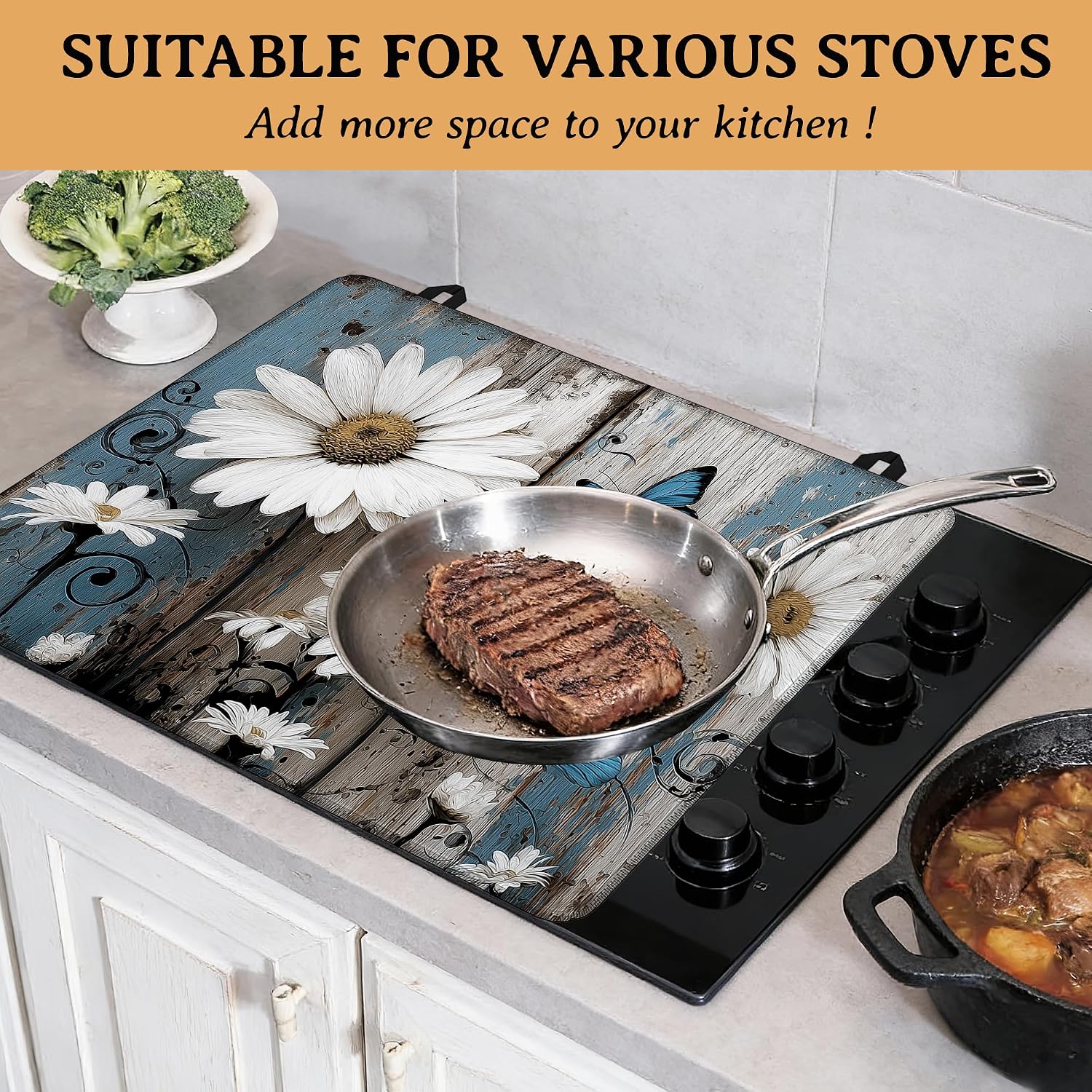 Anti-Slip Electric Stove Top Cover, 28"x20" Foldable Heat-Resistant Glass Stove Cover, Multi-Scenario Use Dish Drying Mat, Butterfly Wildflowers thumbnail