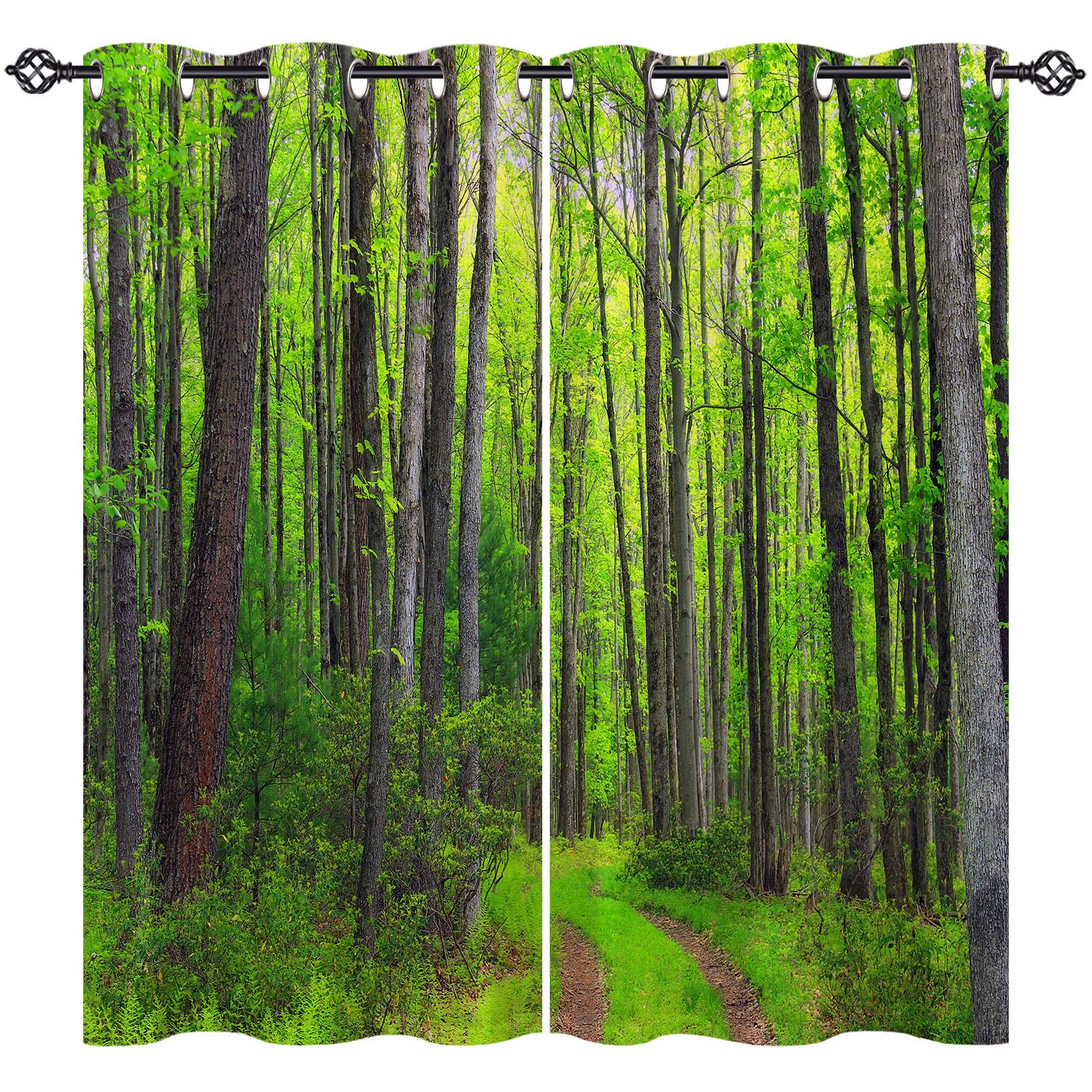 ANHOPE Woodland Curtains Eyelet 80% Blackout Room Darkening Curtains with Forest Jungle Tree Path Scene Print Pattern Thermal Insulated Window Drapes for Bedroom Living Room 46 x 54 Inch Drop 2 Panels