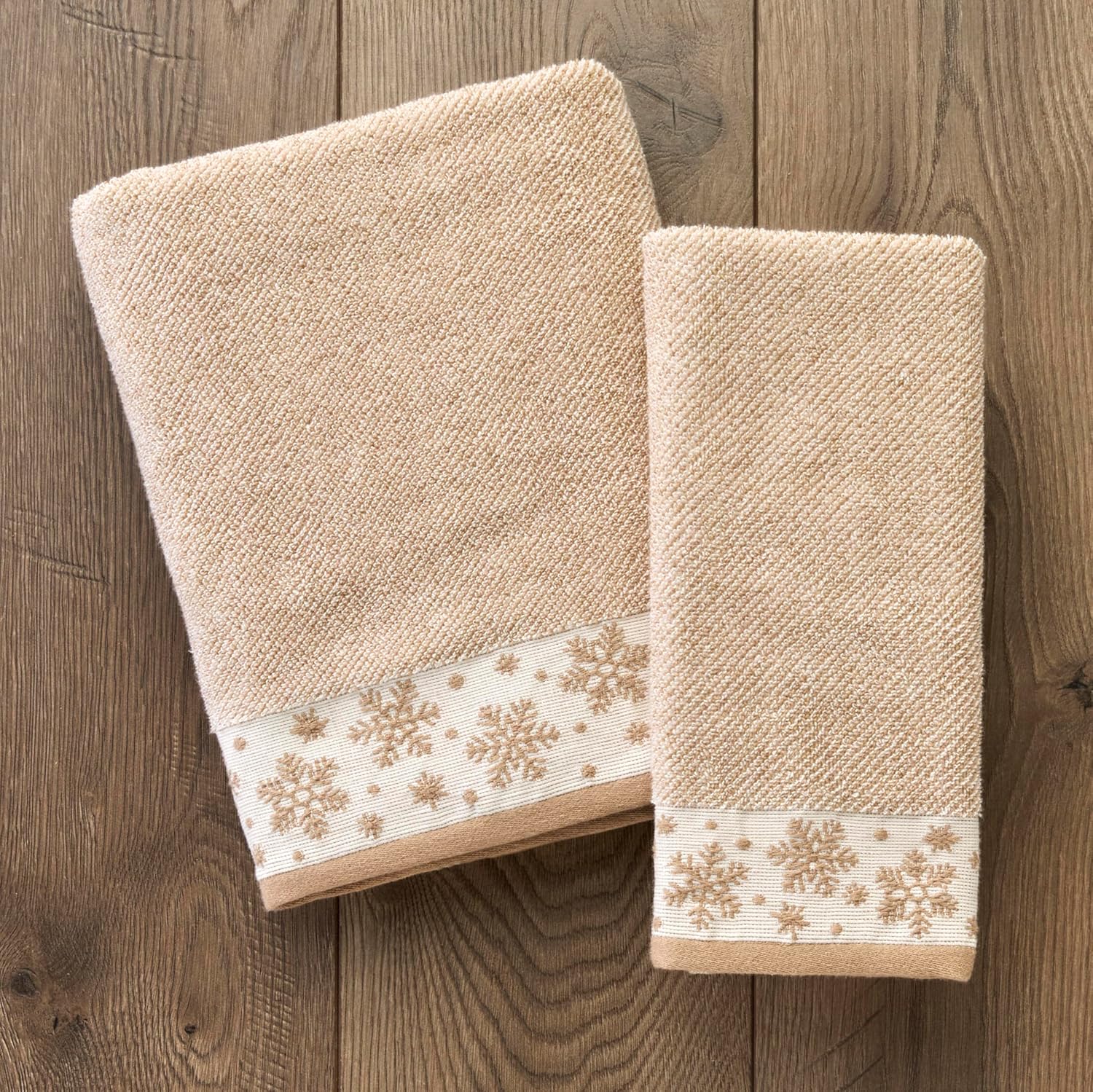 SKL Home Christmas/Winter Heather Snowflake 100% Cotton Premium 2-Piece Hand Towel Set, 500 GSM, Soft & Absorbent Jacquard, Decorative for Bath/Kitchen/Bar, Tan - Image 6