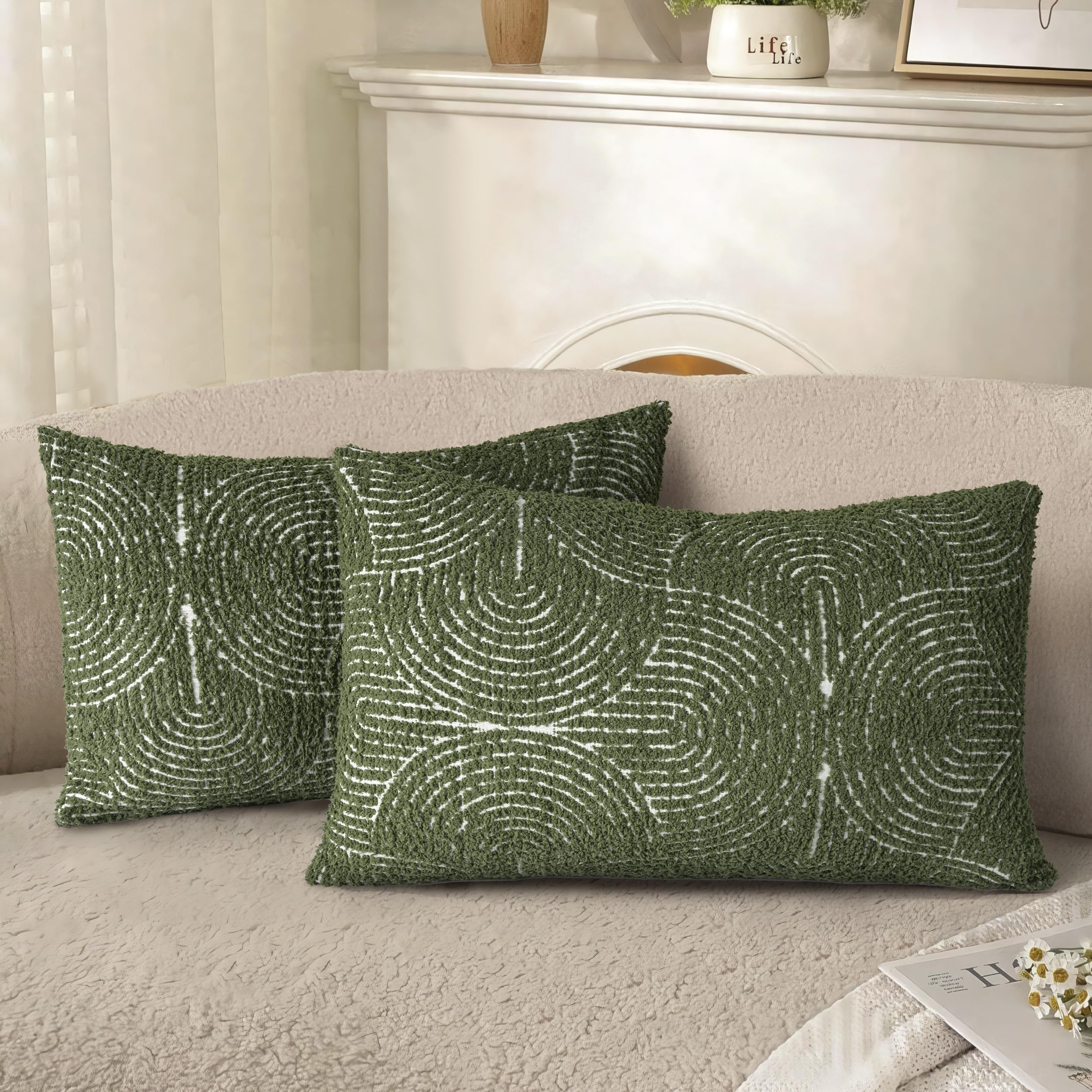 Housse de coussin lombaire touffetée en relief vert olive au design haut de gamme