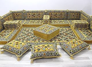 Arabic Sofa Floor Seating, Arabic Couch, Living Room Furniture, U Shaped Floor Couch, Majlis Arabic Seating, Floor Cushions, Cinema Couches (U Sofa + Rug + Ottoman)