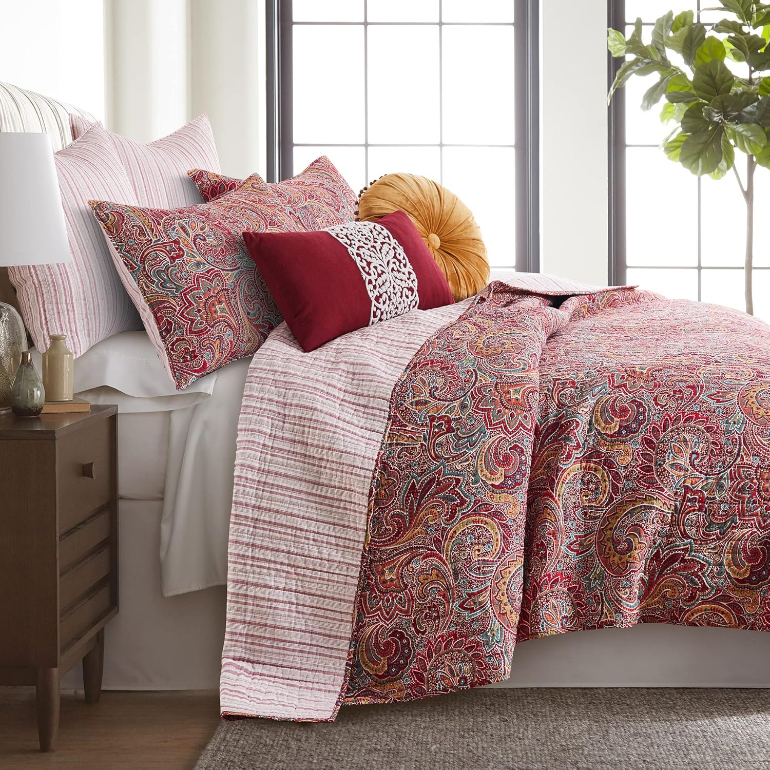 Levtex Home - Kimpton Quilt Set - King/Cal King Quilt and Two King Shams - All Over Paisleys in Burgundy,Red - Quilt (106x92in.) and Shams (20x36in.) - Reversible - Cotton/Cotton