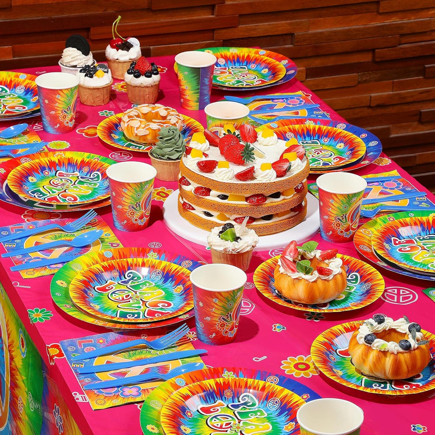 172 Pcs Tie Dye Birthday Party Supplies Serves 24, 60's Hippie Theme Party Decorations Happy Birthday Banner Tie Dye Tablecloth Peace Love Plates Napkins Tableware Set for 60s Hippie Groovy Party