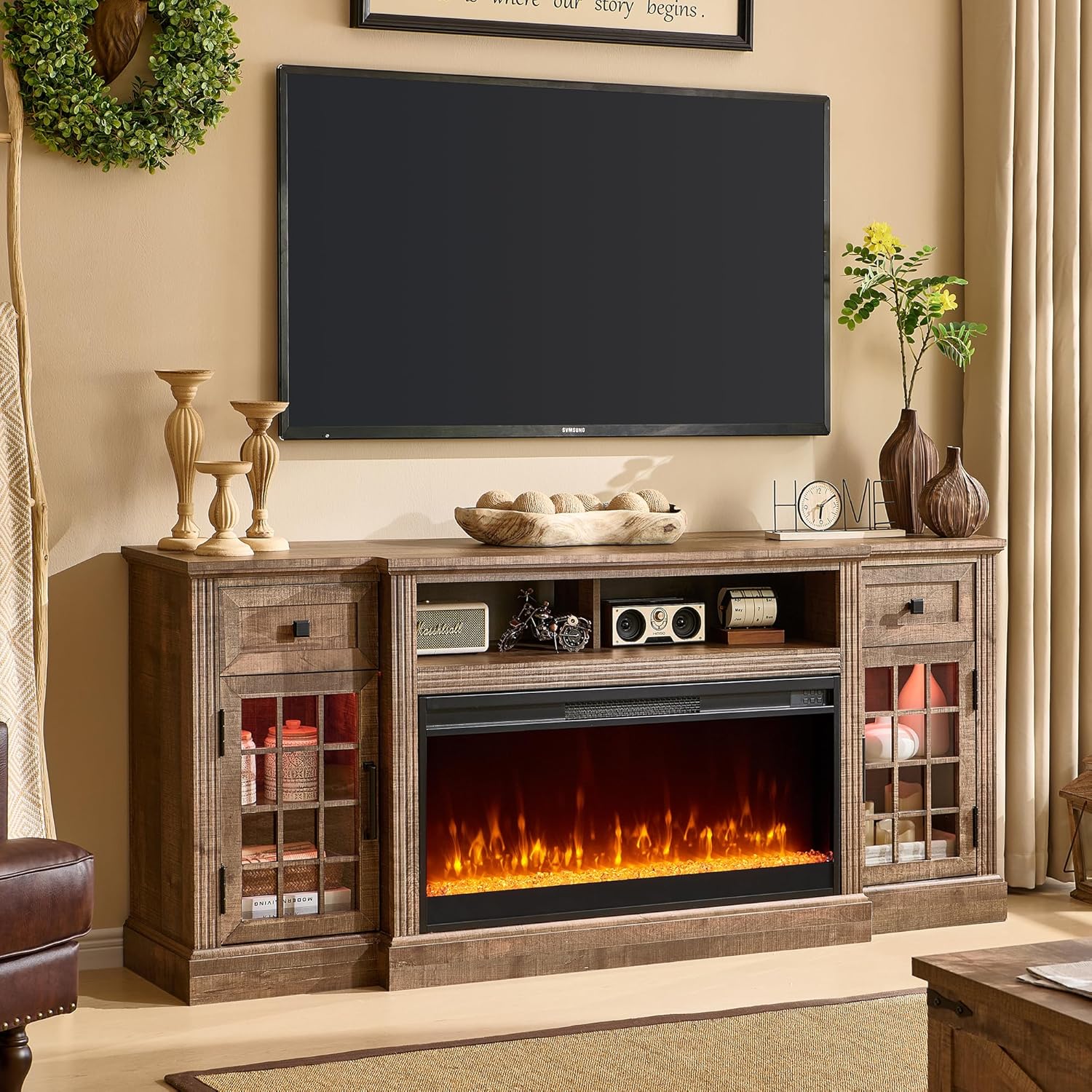 ACCOHOHO Farmhouse Fireplace TV Stand for 80 Inch TV, Entertainment Center w/ 36'' Electric Fireplace & LED Lights, Mordern Media Console with Storage Drawers & Cabinets for Living Room, Light Brown - Image 2