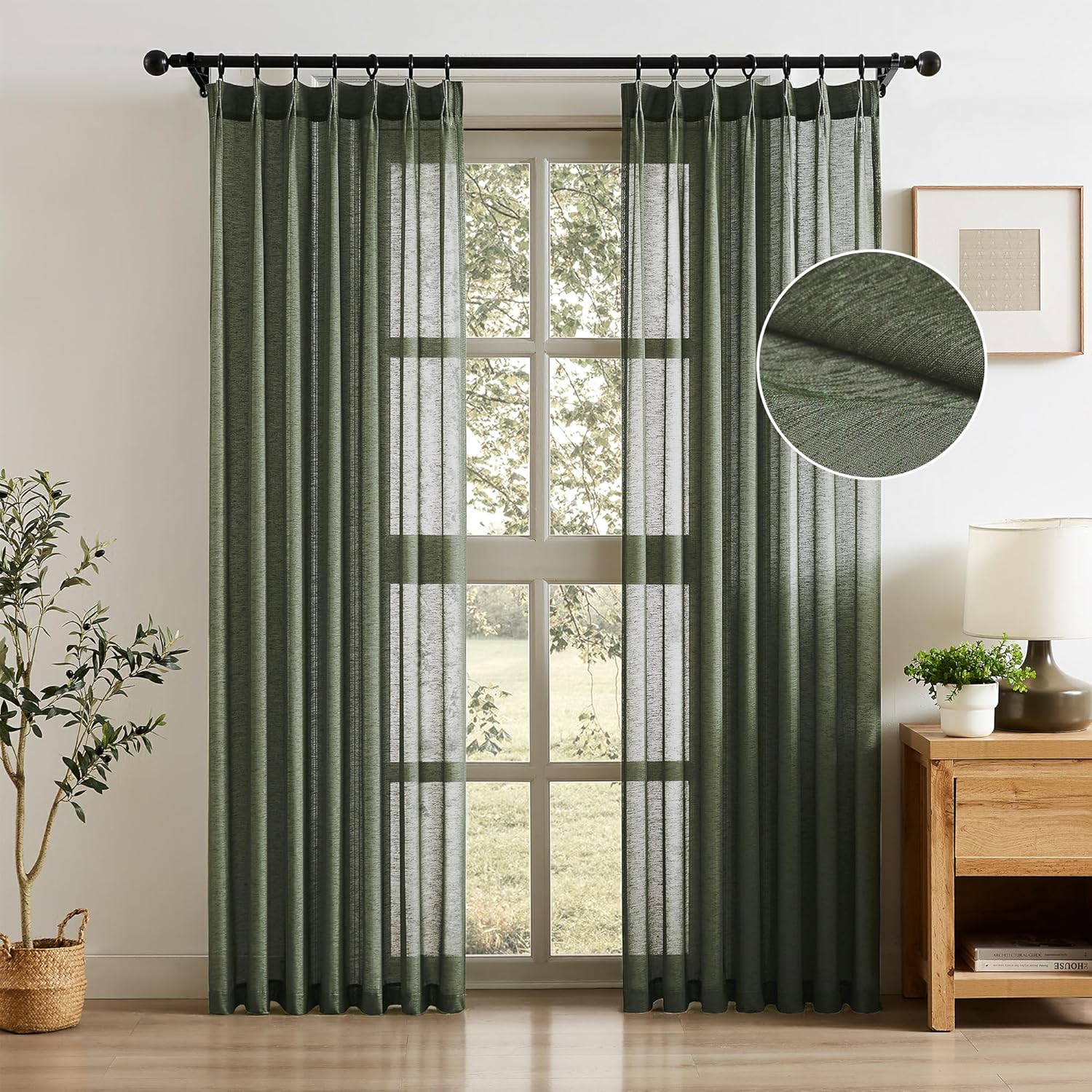 Pinch Pleat Sheer Curtains 84 Inch Long for Living Room Bedroom Textured Olive Green Pleated Curtains Back Tab Light Filtering Dark Green Semi Sheer Window Drapes, W40 x84 L, 2 Pcs