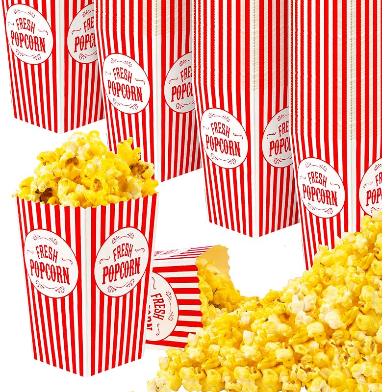 Stock Your Home [50 Pack] Movie Theater Popcorn Boxes Disposable Red & White Striped - 30 oz Capacity - Vintage Snack Box Concession and Carnival Party Supplies, Individual Popcorn Bucket Containers