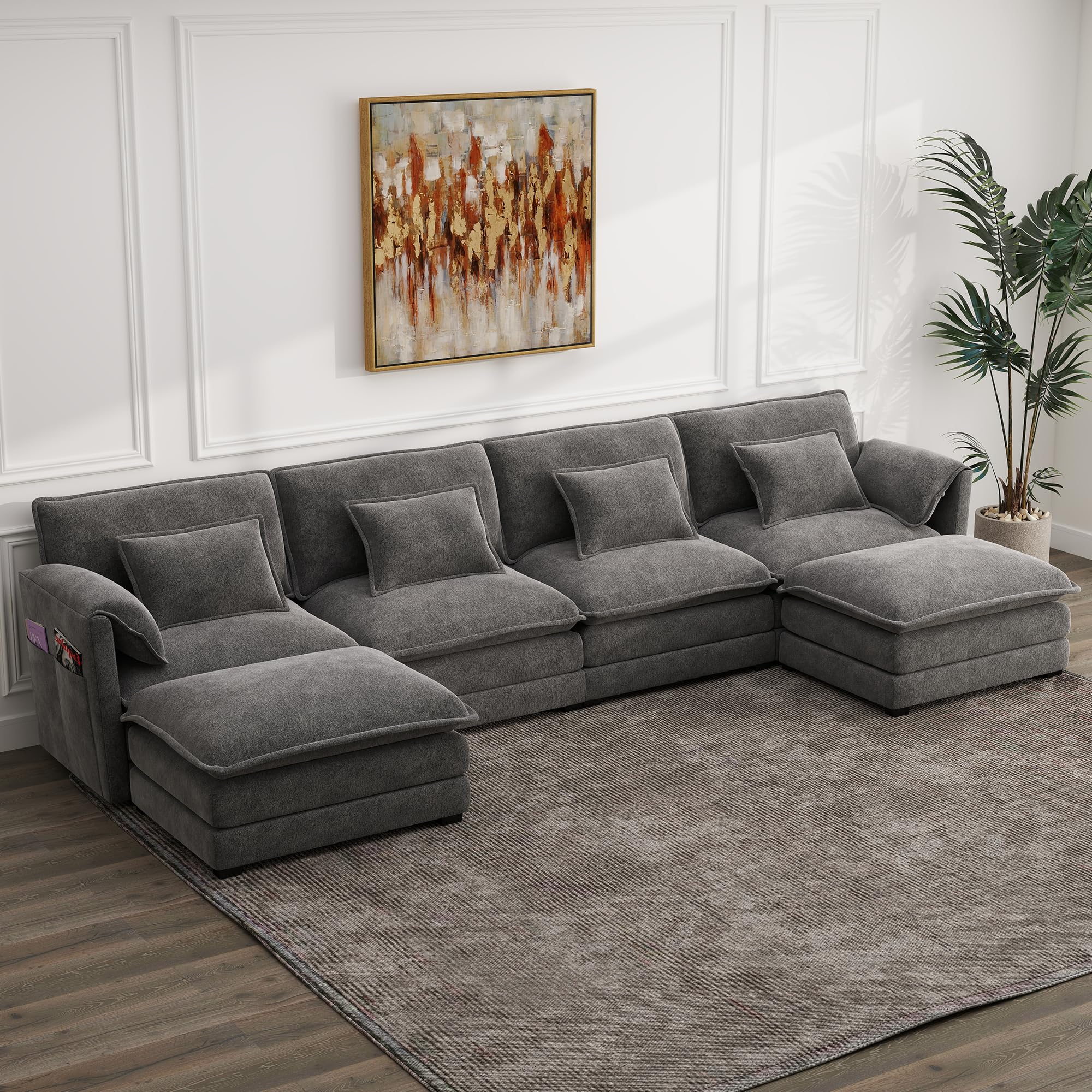 Modular Sectional Sofa 145 U Shaped Couch Chenille Sofa with Movable Ottoman for Apartments Living Room and Commercial