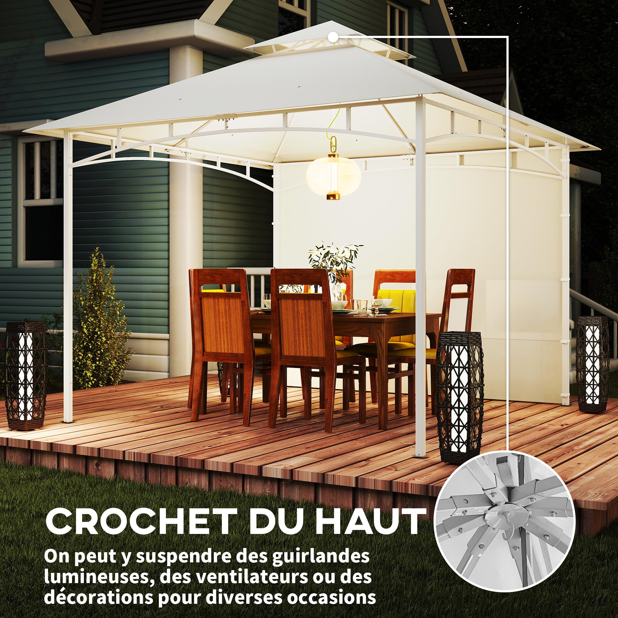 Outsunny Pavillon de Jardin 3 x 3 m Toit Double Tonnelle de Jardin Crème
