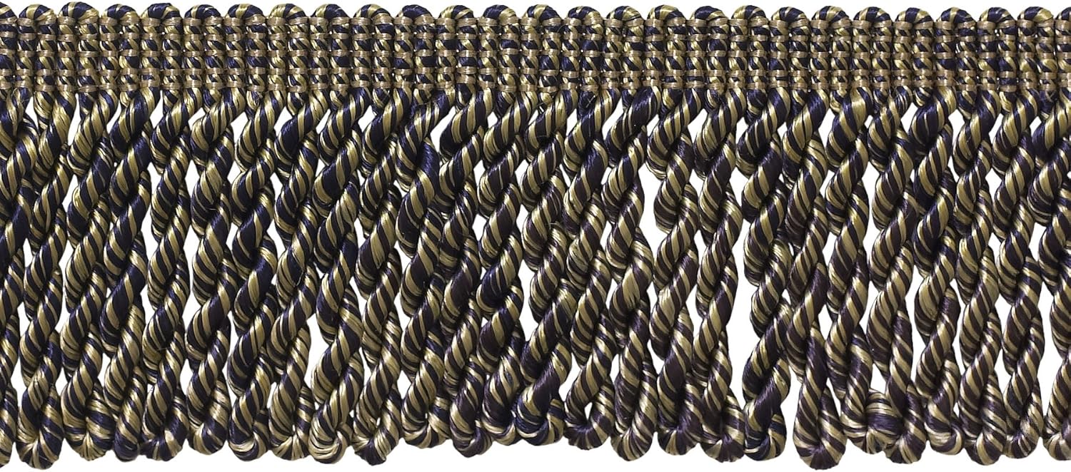 DÉCOPRO 2 1/2" (6cm) Bullion Fringe Trim (Style# EF25) Navy Blue Beige Multicolor #8565 (Navy Taupe) 10 Yard Value Pack (30 ft/9.5m)