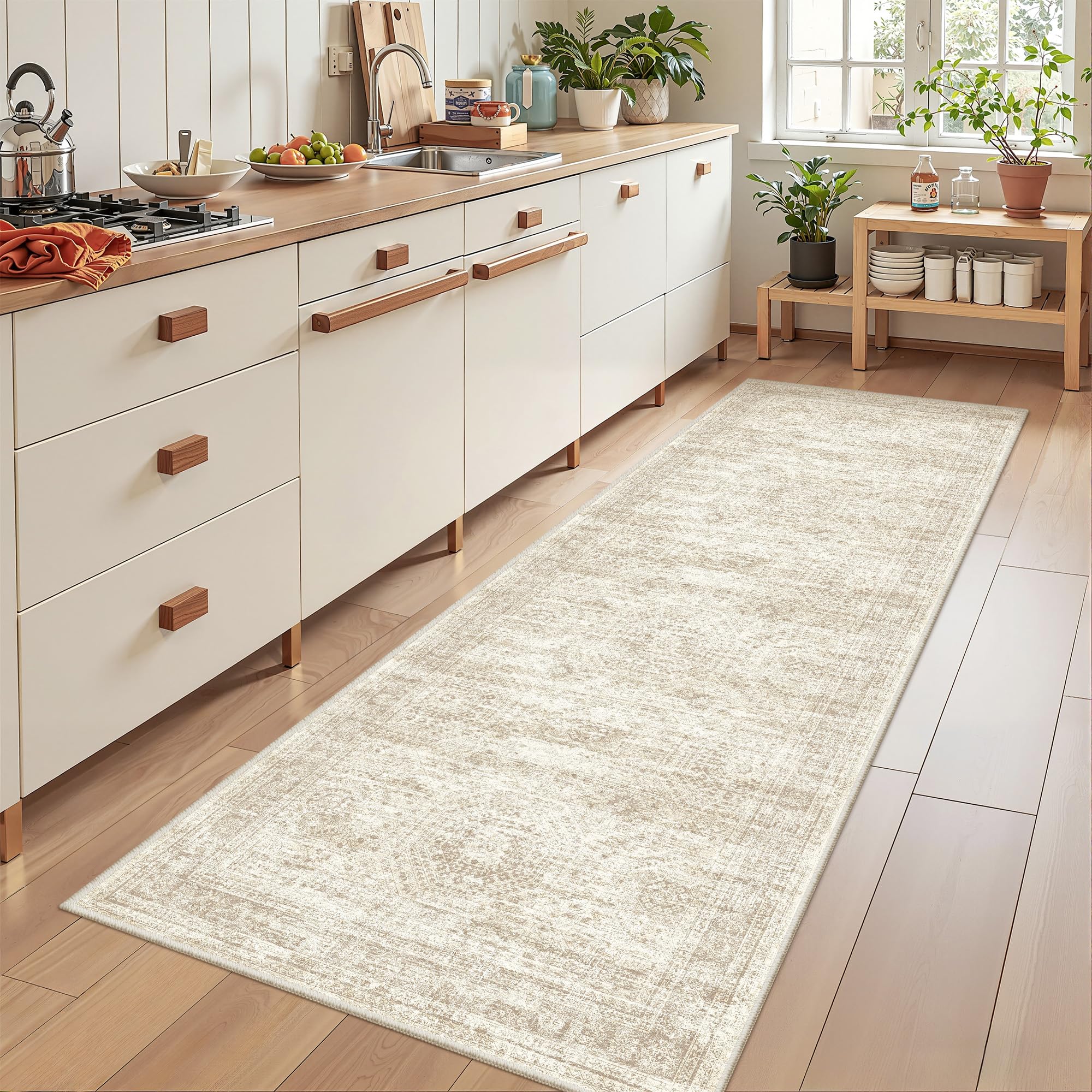 Restydon Kitchen Runner Rug Non Slip - 2.5 x 8 Runners for Hallways, Entryway, Bedroom, Washable Runner Rugs for Bathroom, Laundry Room, Low Pile Soft Vintage Area Rug(2.5'x8', Beige/Ivory) — image 1