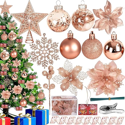 Miniatura 8 de Juego de 76 piezas de decoraciones para árbol de Navidad, adornos colgantes dorados con bolas de plástico inastillables a granel, flores de pascua