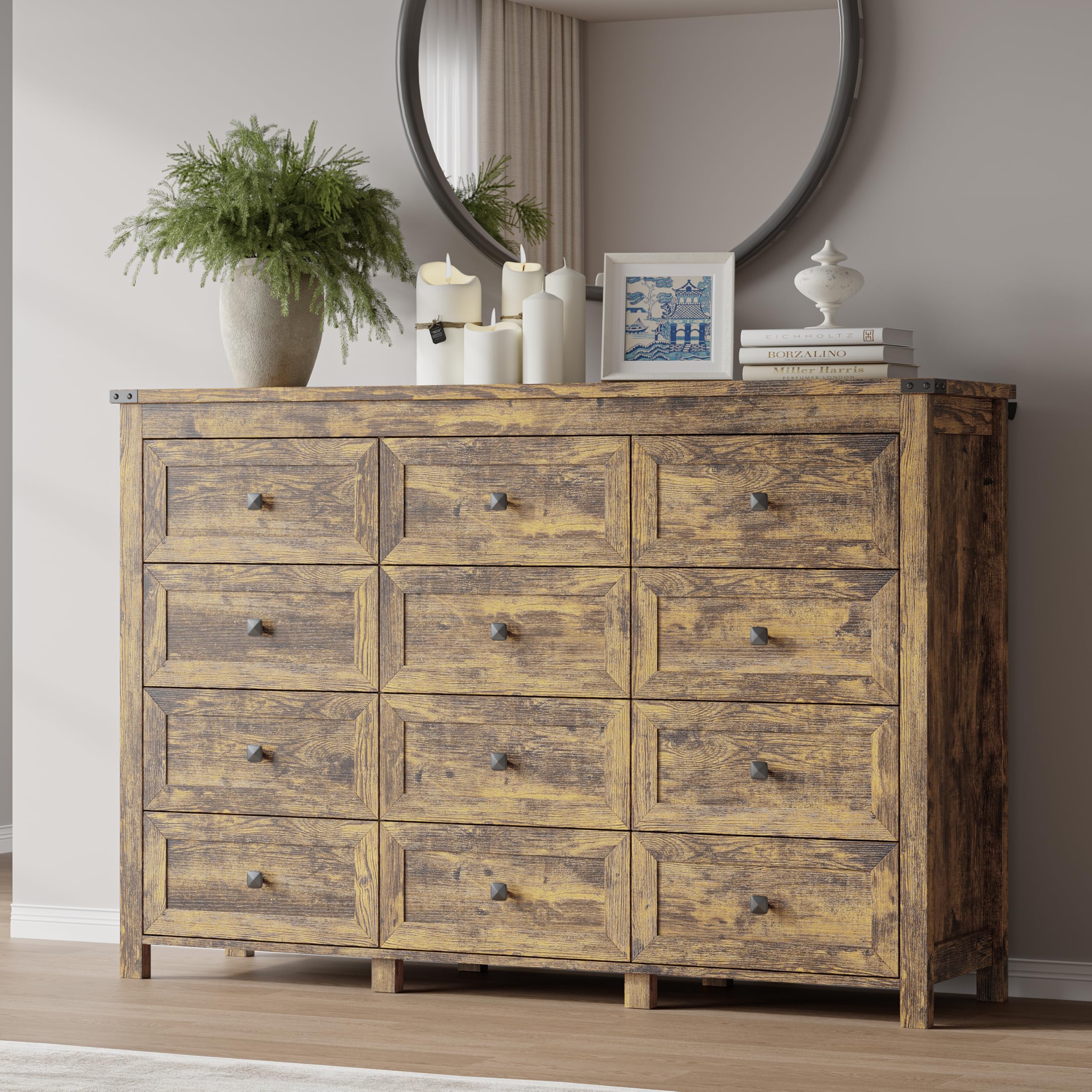 BORNOON 12-Drawer Dresser, Modern Wooden Storage Chest of Drawers, Dresser TV Stand, Wood Drawer Organizer with Metal Handles for Bedroom, Living Room, Hallway