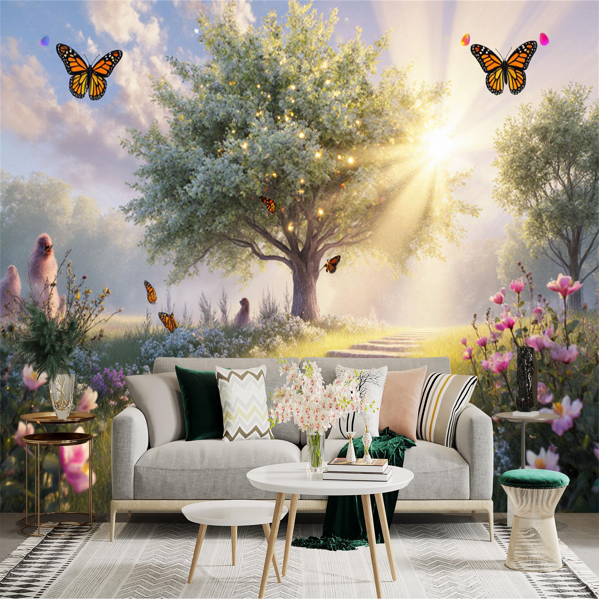 Custom Size Wall Sticker Mural， Sunlit Garden Path， Golden Rays and Blossoming Flowers， Flying Monarch Butterflies， Serene Nature Landscape， for wall Decoration， peelandstick wall Decals.