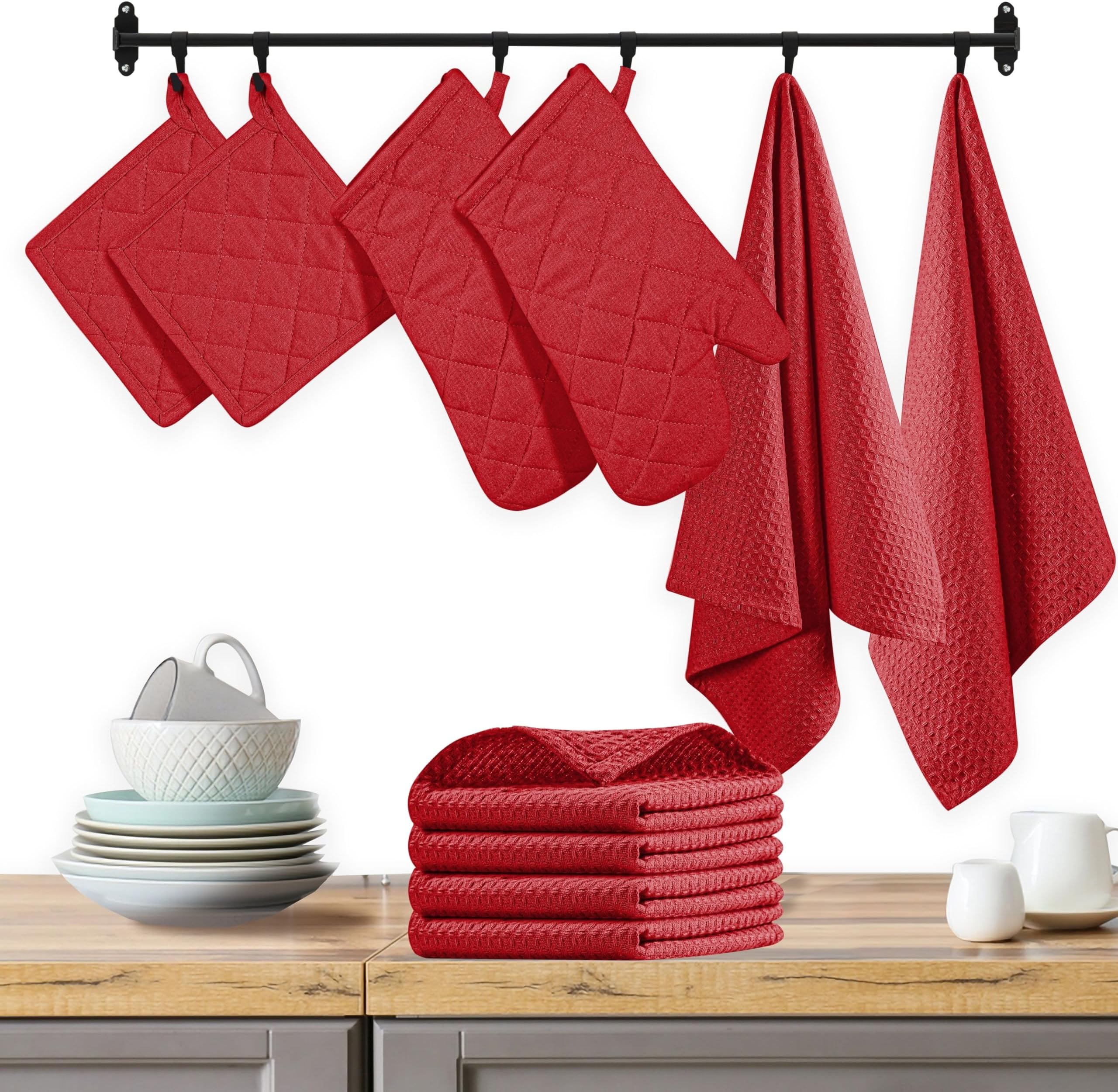 Native Fab 10-Piece Kitchen Set – Includes Oven Mitts, Potholders, Kitchen Towels & Dishcloths, Heat Resistant, 100% Cotton, Durable & Absorbent, Perfect for Cooking, Baking & Everyday Use - Red