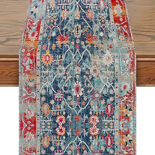 Camino de mesa bohemio persa turco, camino de mesa bohemio, vintage, elegante, rústico, geométrico, mesa auxiliar, decoración de lino para el hogar,