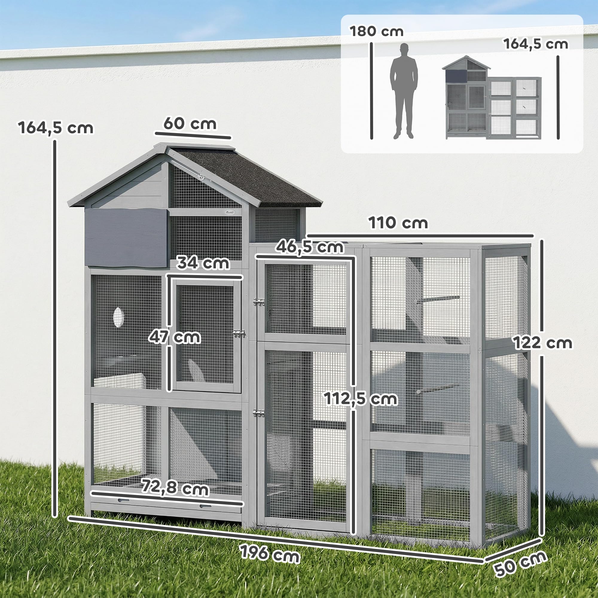 PawHut Pajarera de madera con ampliación, 6 perchas, 7 puertas, compartimento de almacenamiento, jaula para pájaros con cajón extraíble, cuencos de acero inoxidable, para pinzones, periquitos, gris