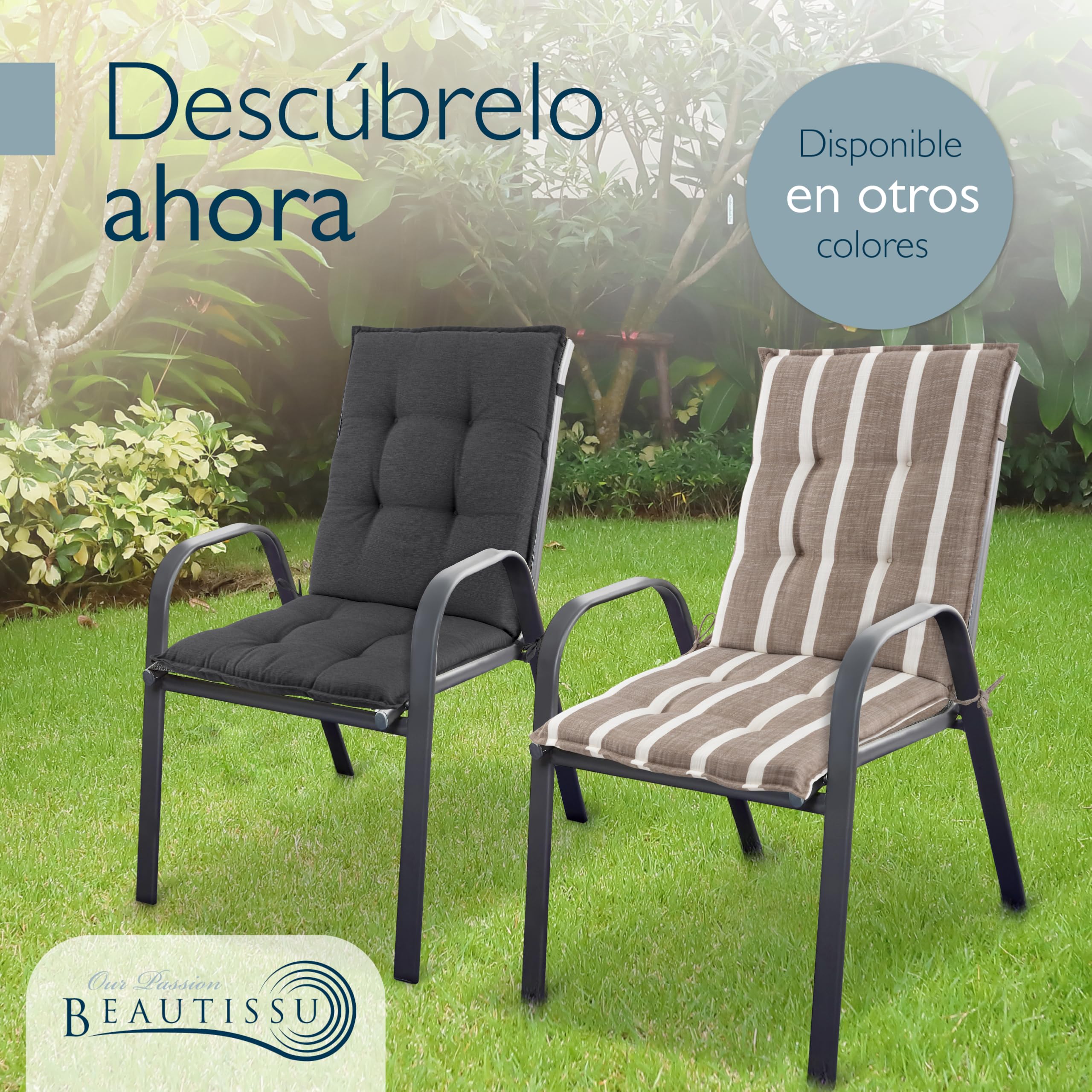 Beautissu Set 6 Premium Cojin Silla Jardín con Respaldo Bajo 100x50cm Sun-NL – Resistencia UV 8cm Grosor Acolchado Cojín Exterior con Respaldo Antideslizante – Rayas Beige Blanco